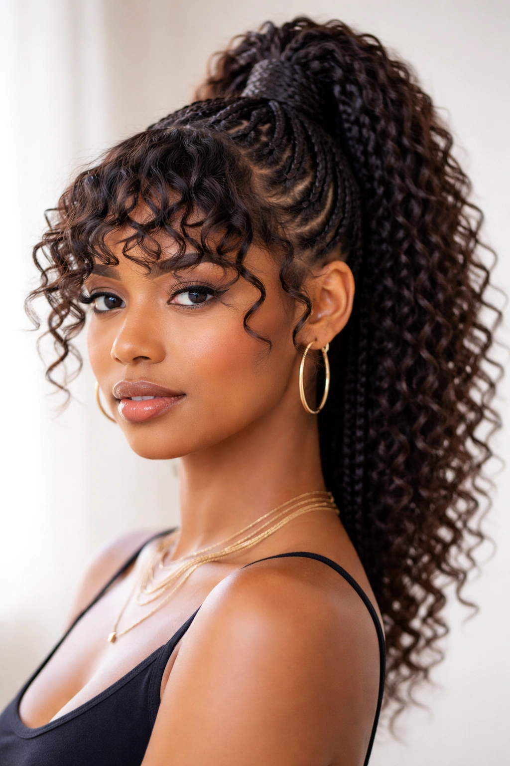 Curly bangs with a braided high ponytail showing movement in front.