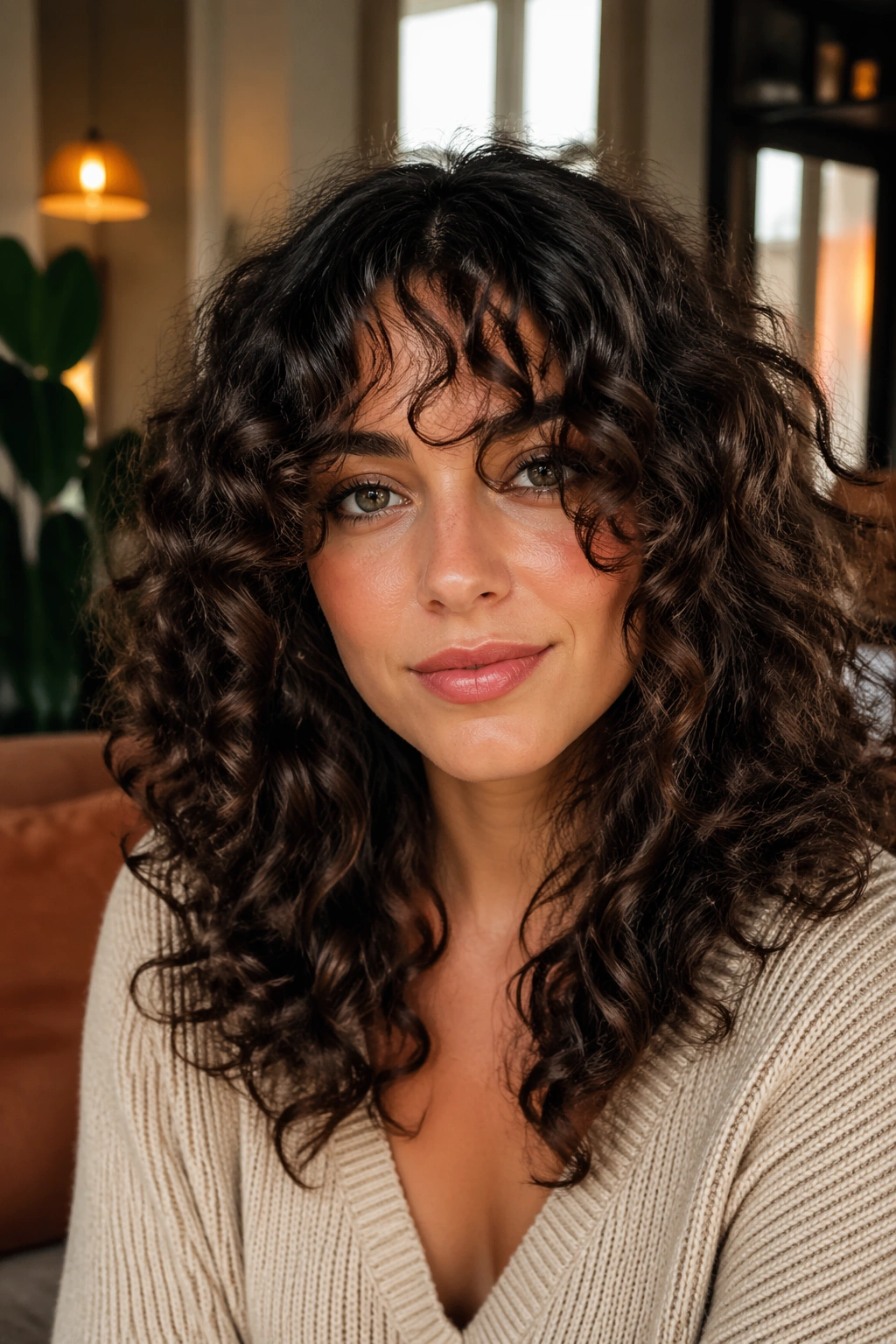 Close-up portrait of a real woman with long curtain-blend curly bangs framing her face