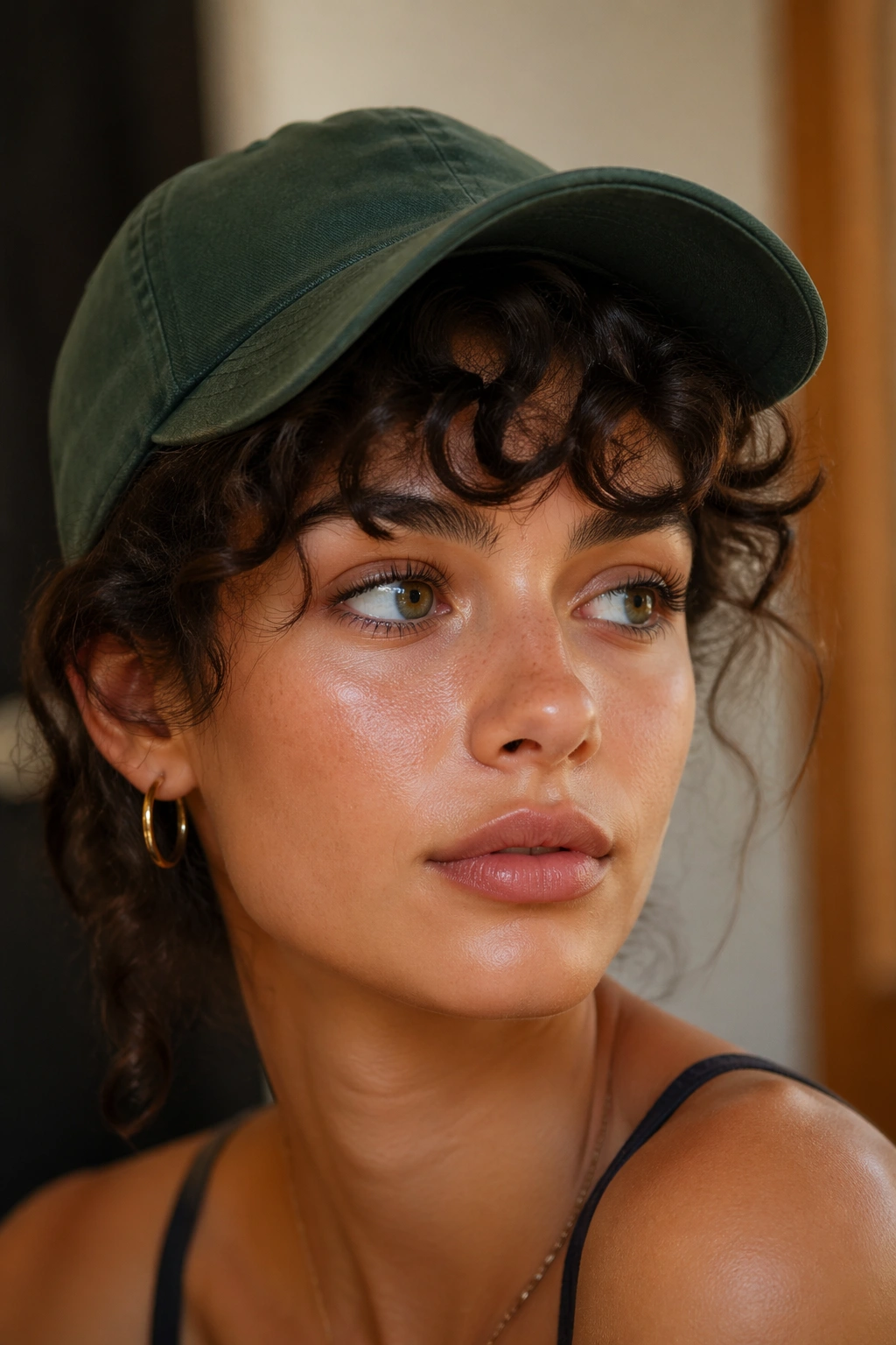Curly bangs under a curved-brim baseball cap on a real person
