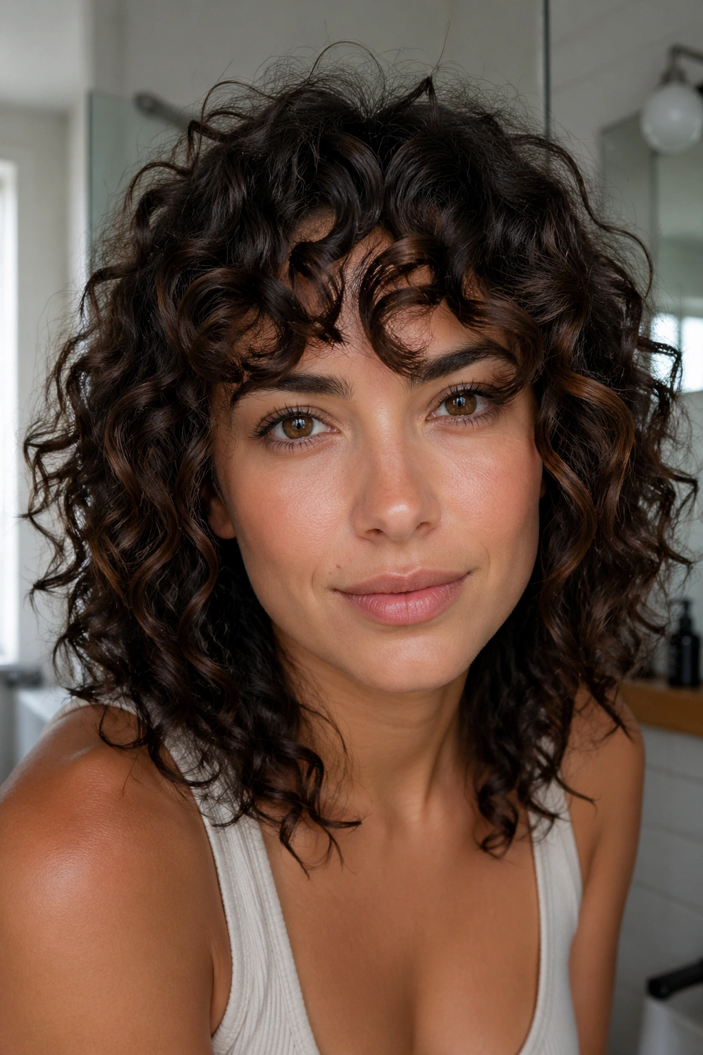Close-up of a real person with curly bangs cut dry and curls springing from the forehead