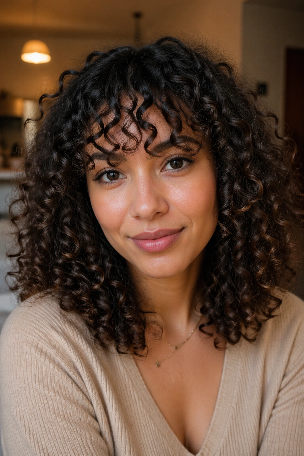 Close-up portrait of a real woman with dry-curled bangs ready for a cut