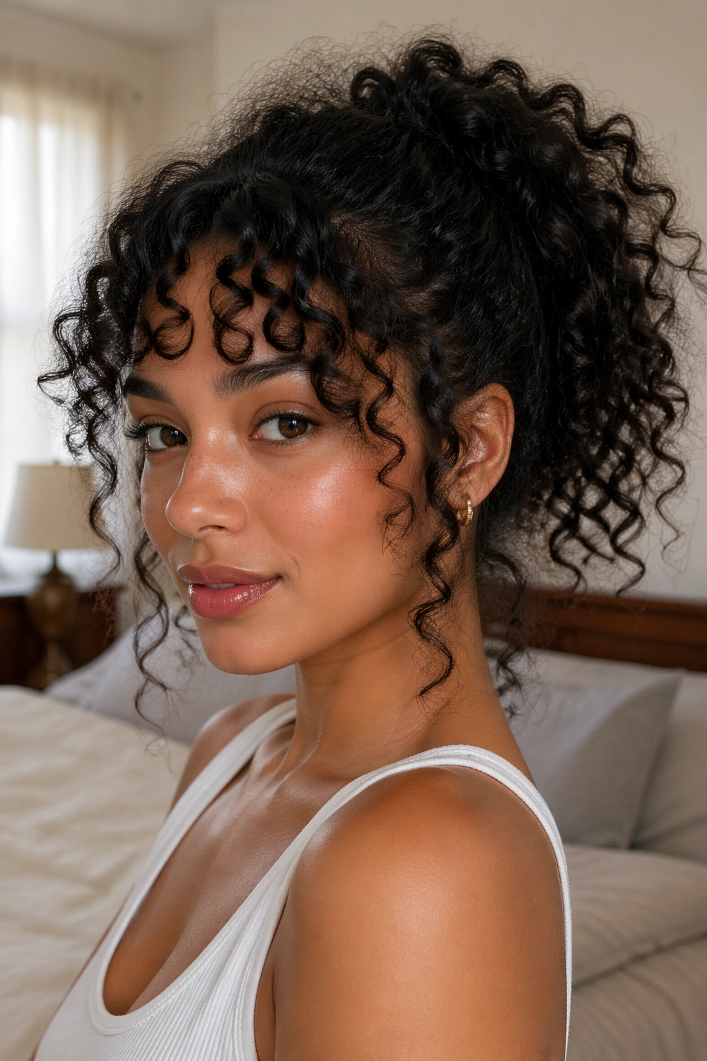 Close-up of a real woman with curly bangs and faux ponytail in bedroom light