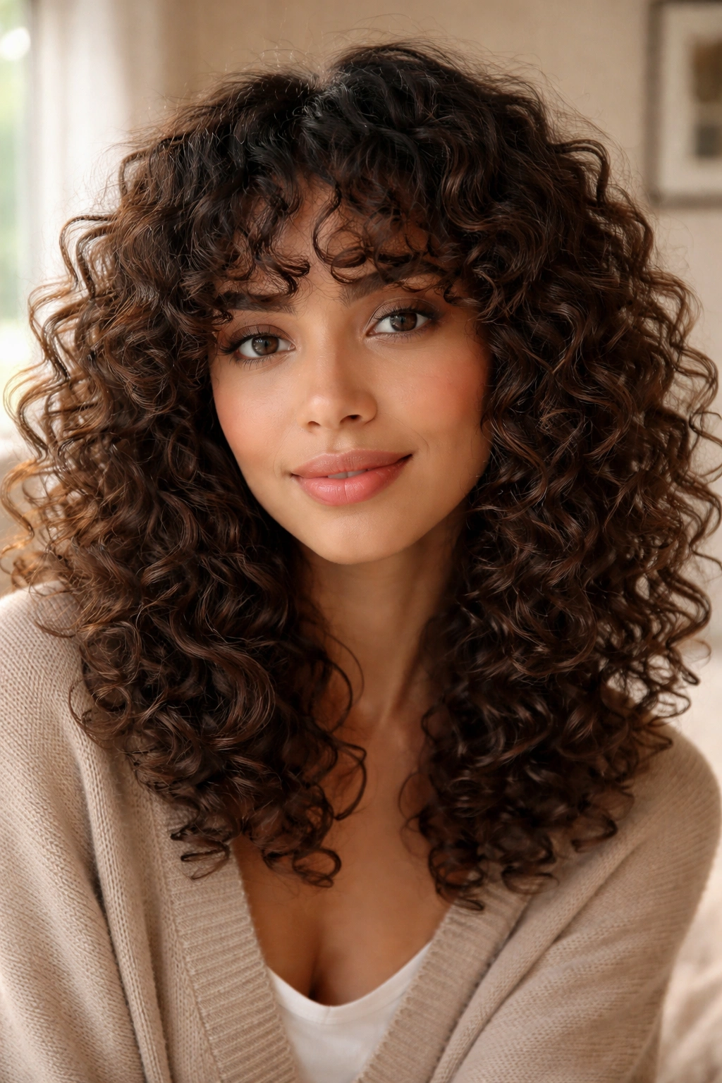 Close-up of a real woman with curly bangs softly arcing the forehead