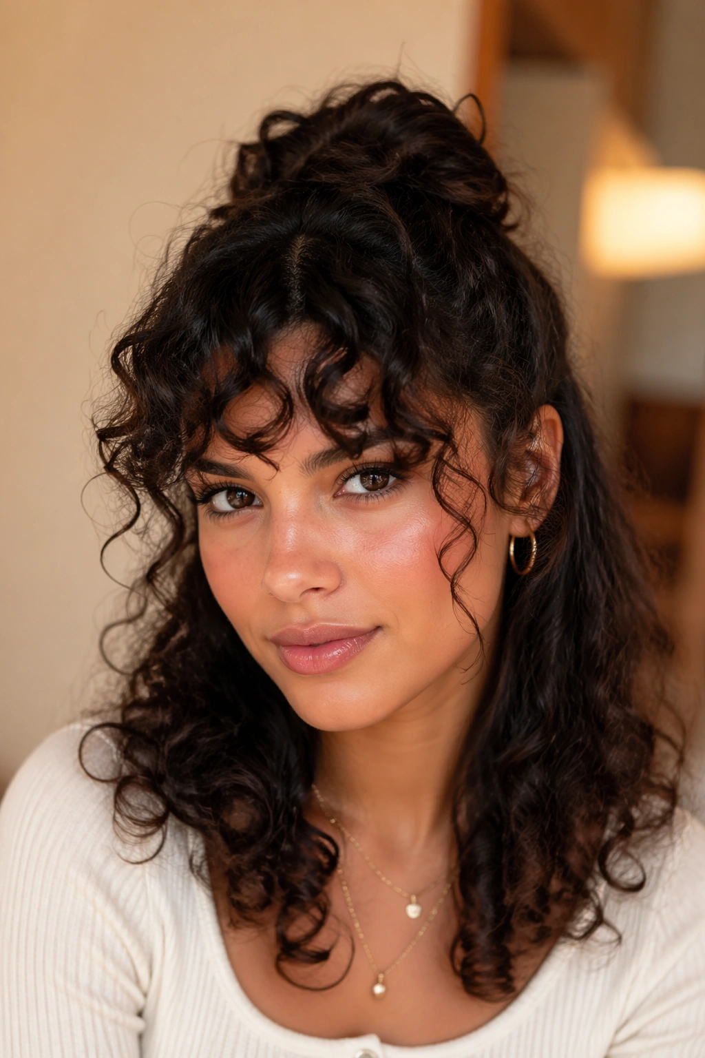 Close-up portrait of a real woman with curly bangs and a half-up hairstyle