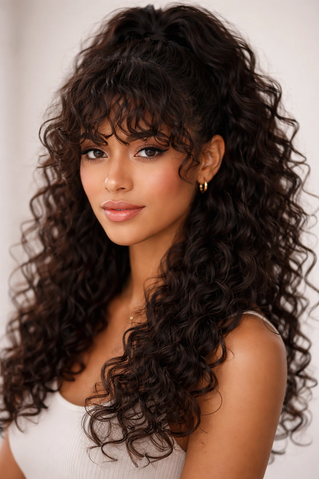 Close-up showing curly bangs and half-up back on weave with bangs resting below brows