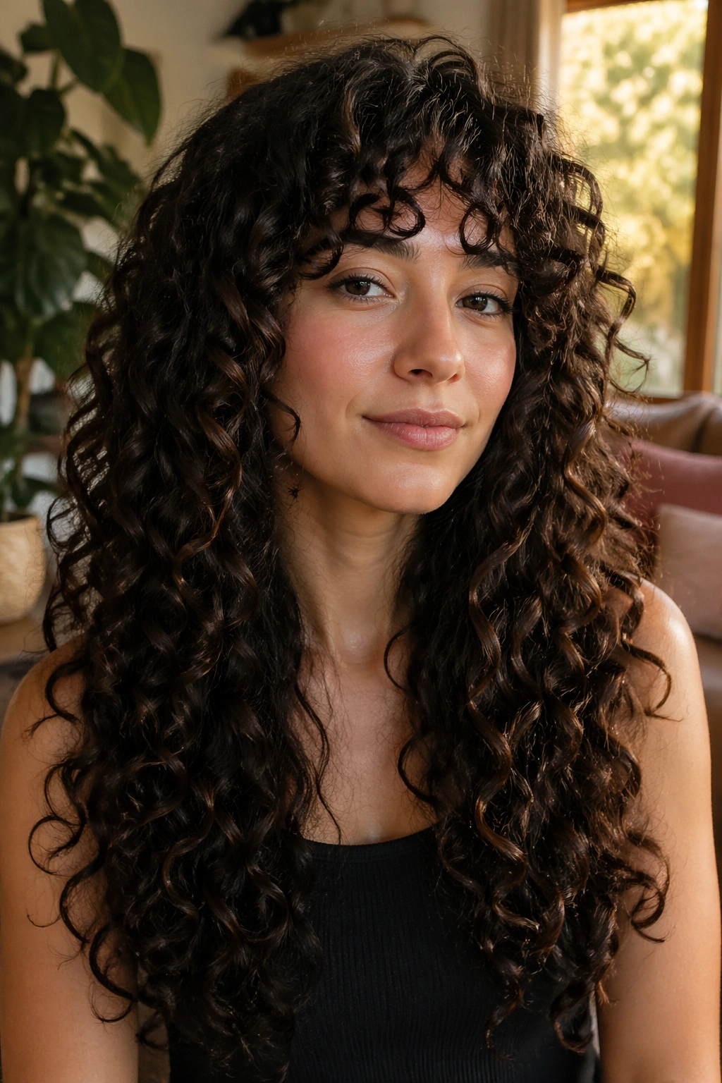 Portrait of person with curly bangs and long curls.