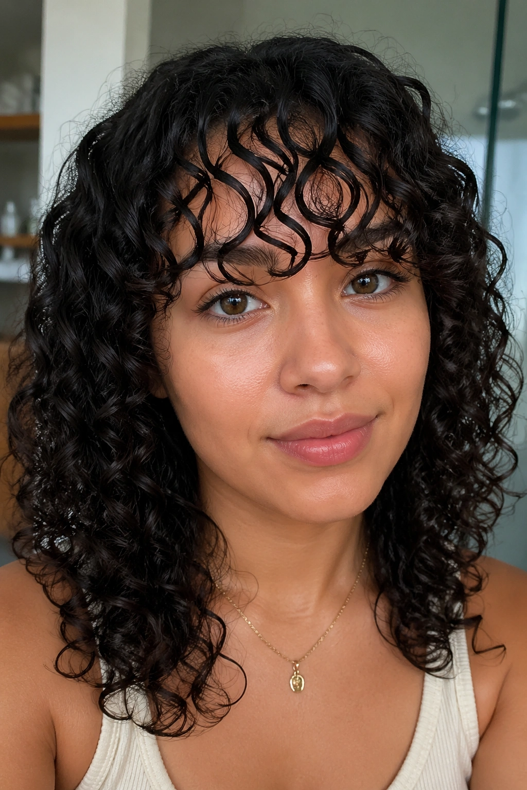 Portrait of a real person with curly bangs neatly styled in a bright, daylight-filled room
