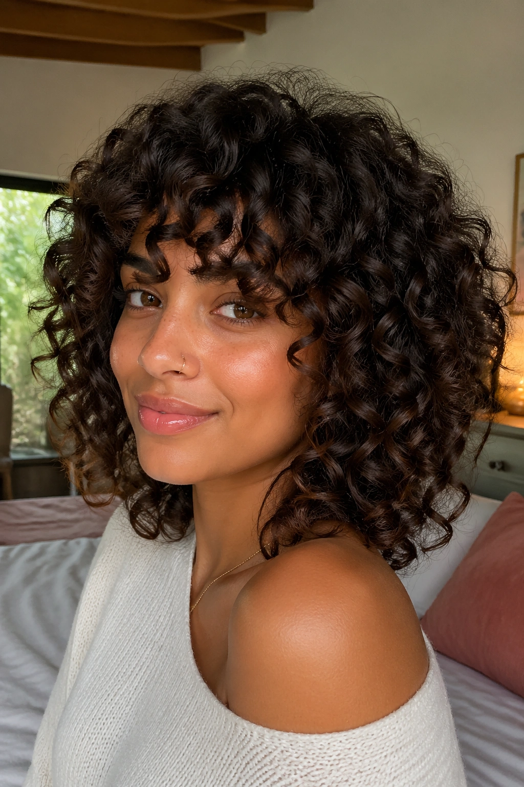 Close-up of a real woman with medium curly hair and bangs in a cozy bedroom with natural light