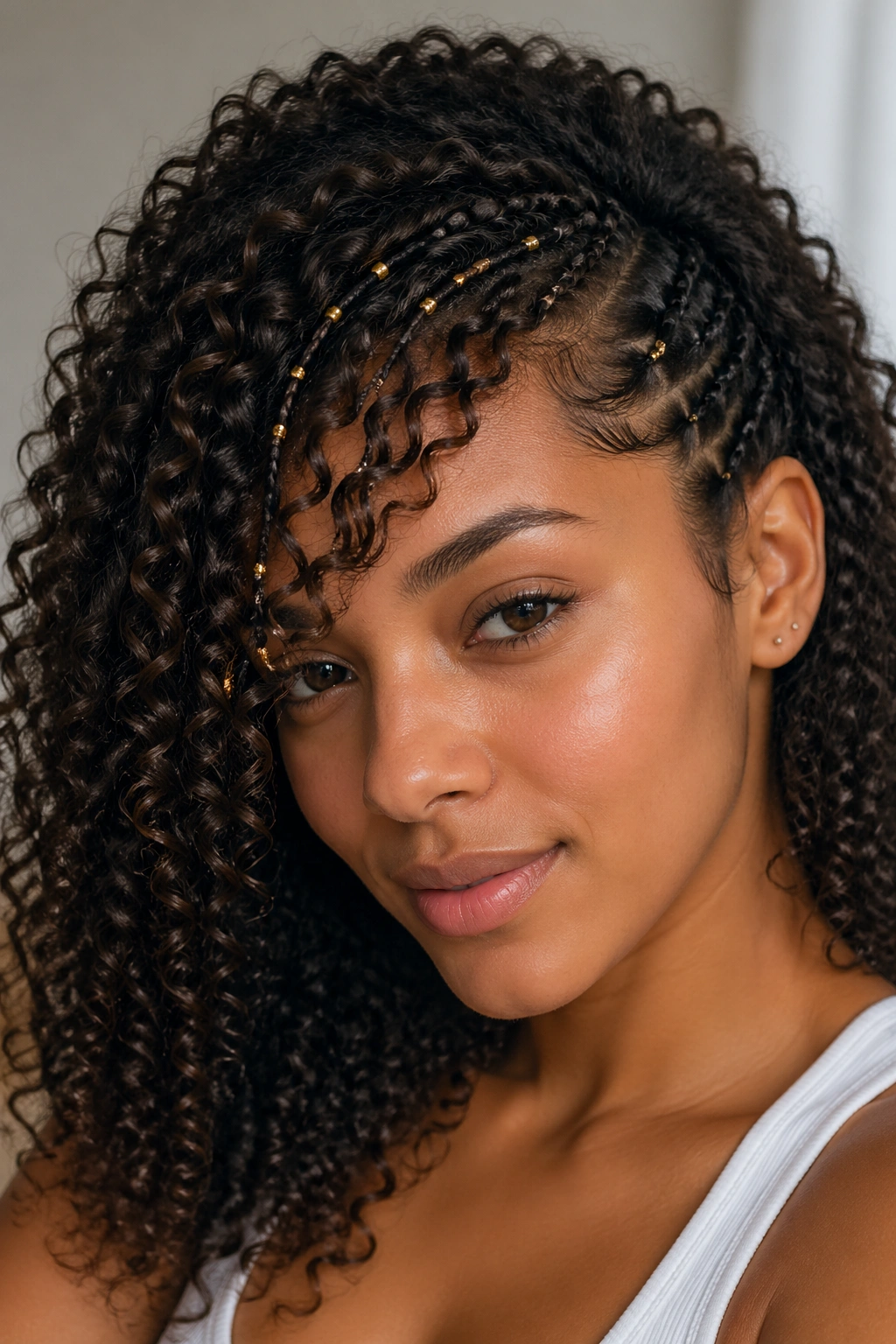 Close-up of side-swept curly bangs with micro beads on a real person