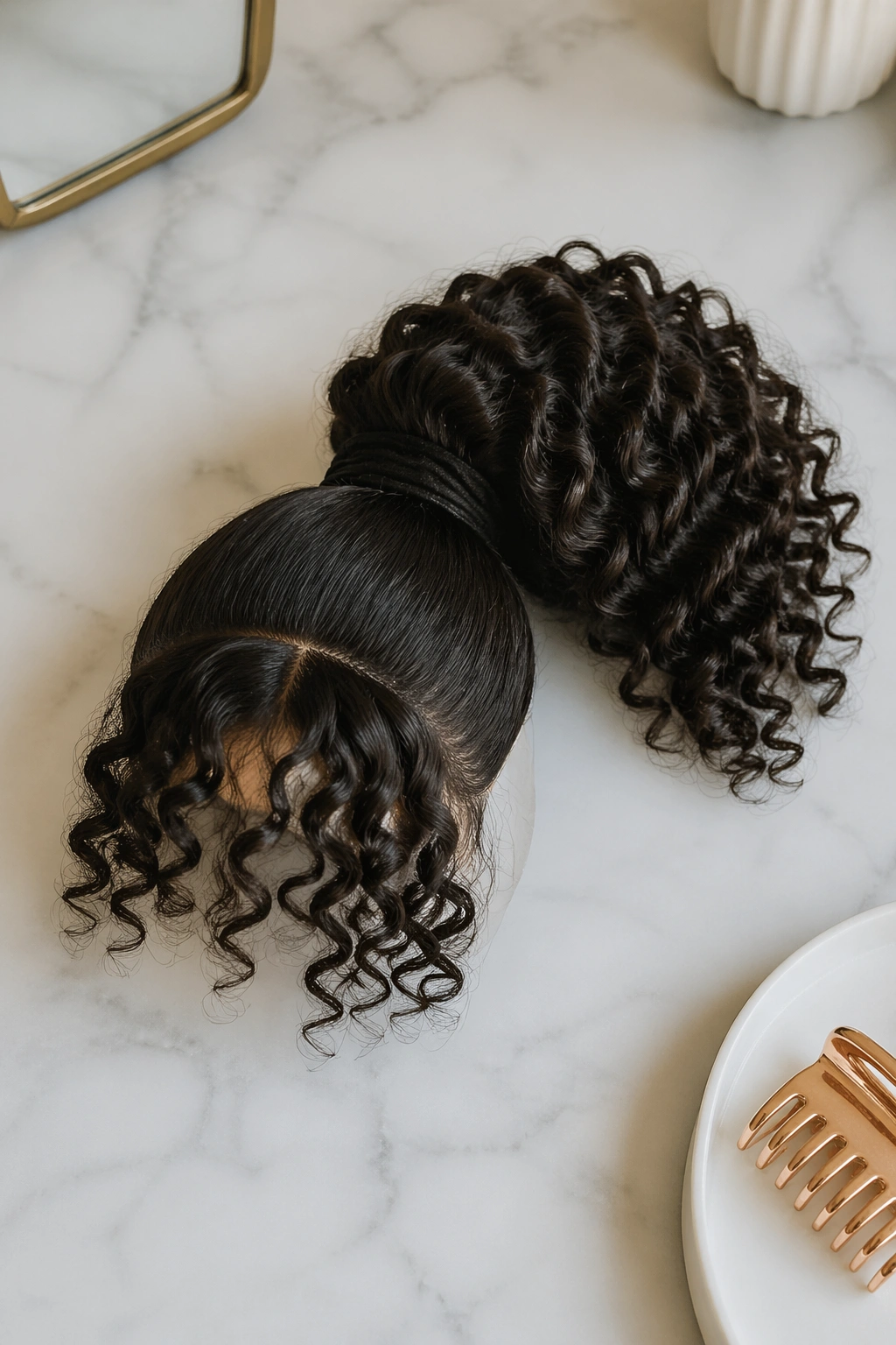 Overhead flat-lay of mid ponytail with curly bangs
