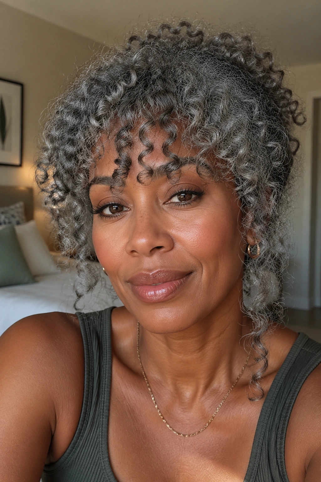 Close-up portrait of a real person with curly fringe bangs on grey natural hair.