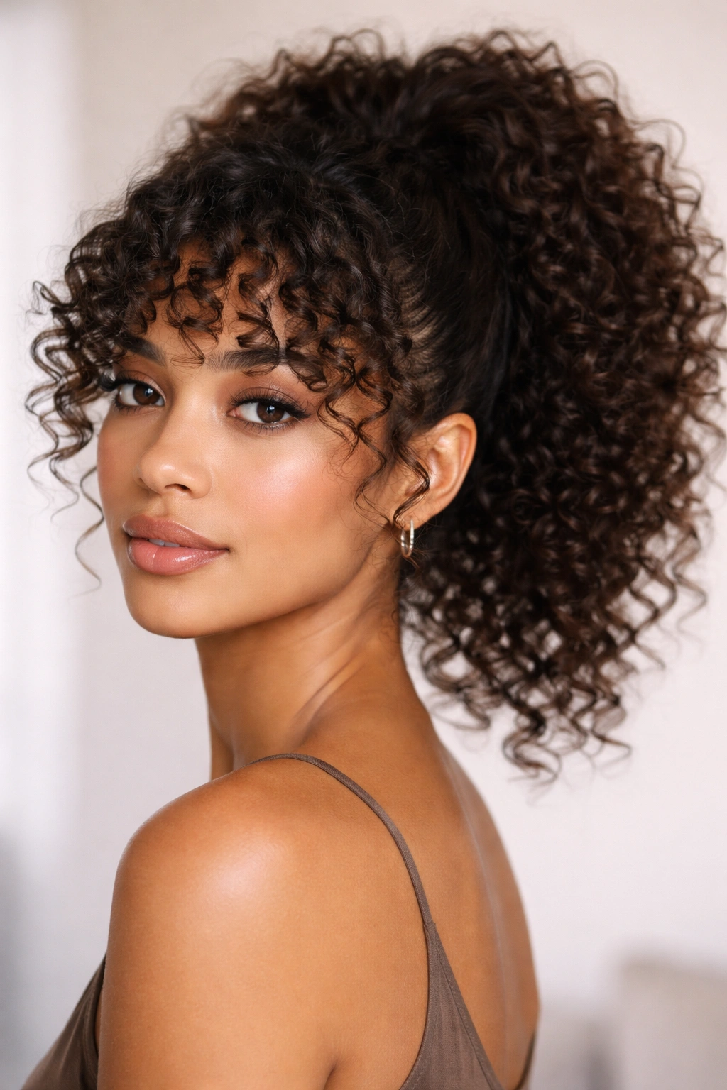 Close-up of curly bangs and ponytail on 3B hair with face-framing curls
