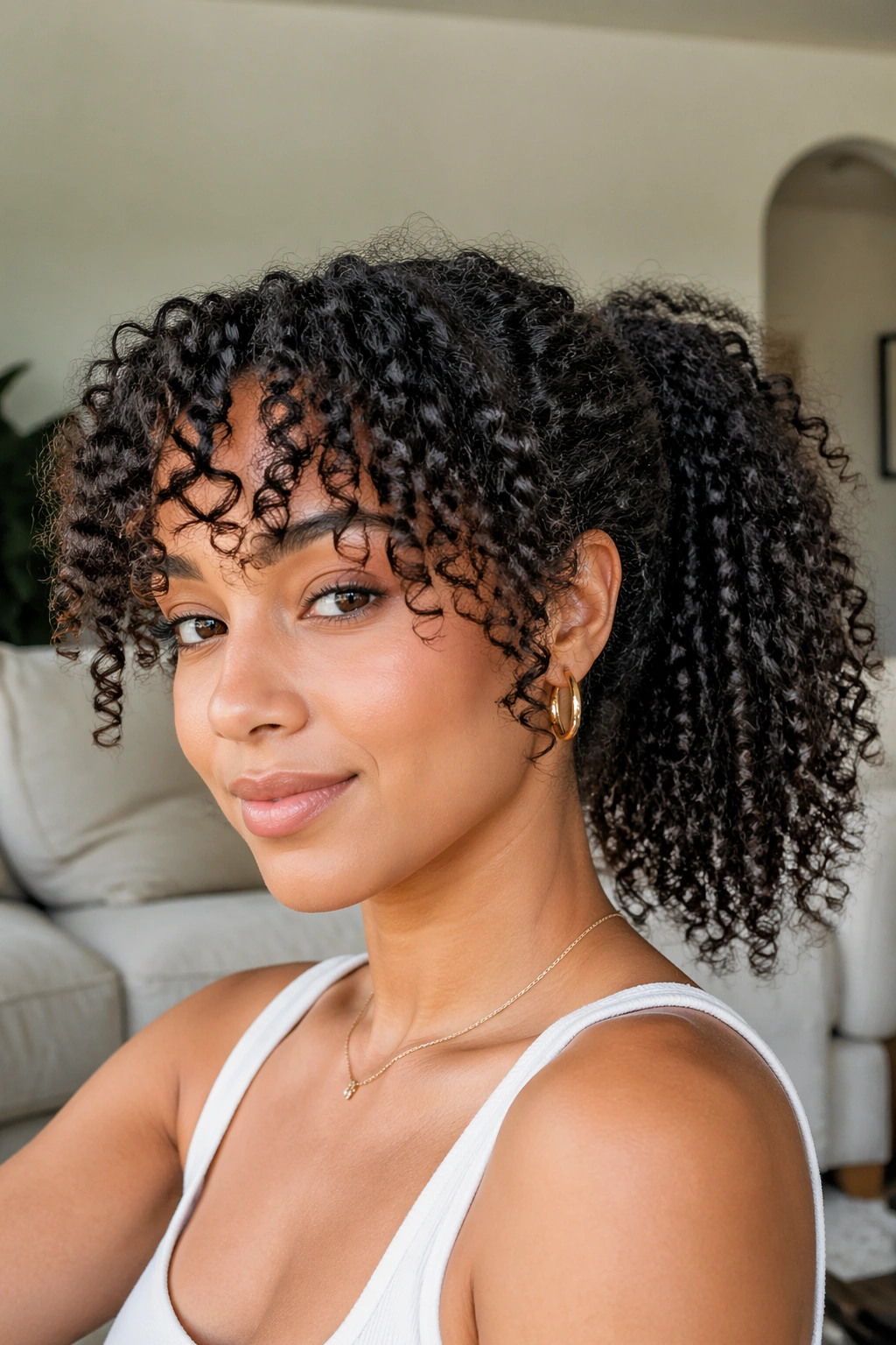 Real woman with curly bangs and ponytail, soft natural light