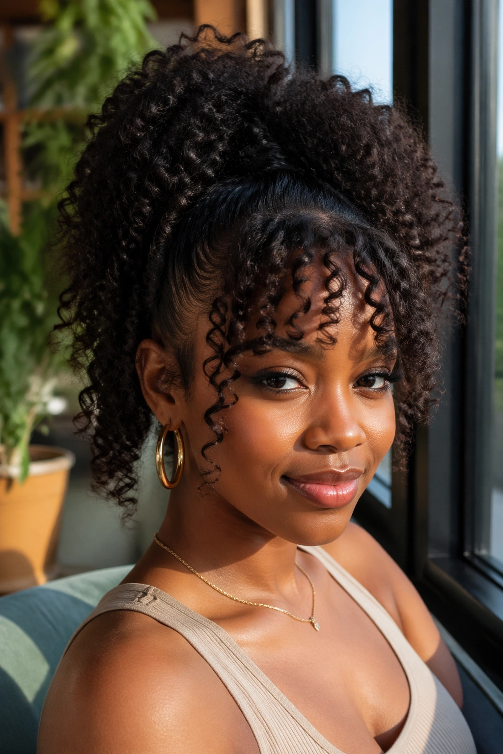 Close-up of a real woman with a high ponytail and curly bangs framing her face