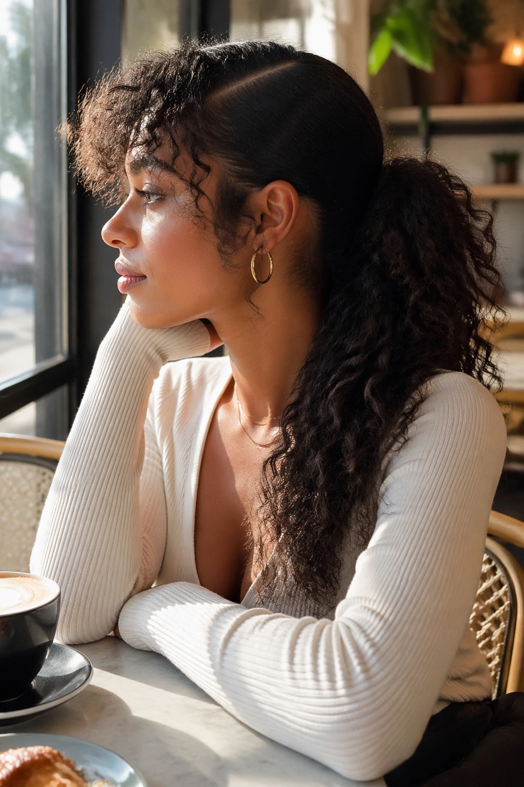 Curly bangs side-part ponytail in cafe setting.