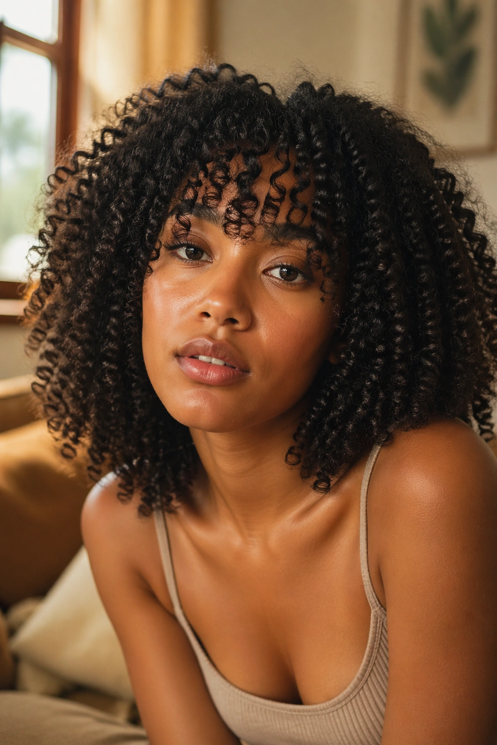 Close-up portrait of a real woman with curly bangs framing her face in warm natural light