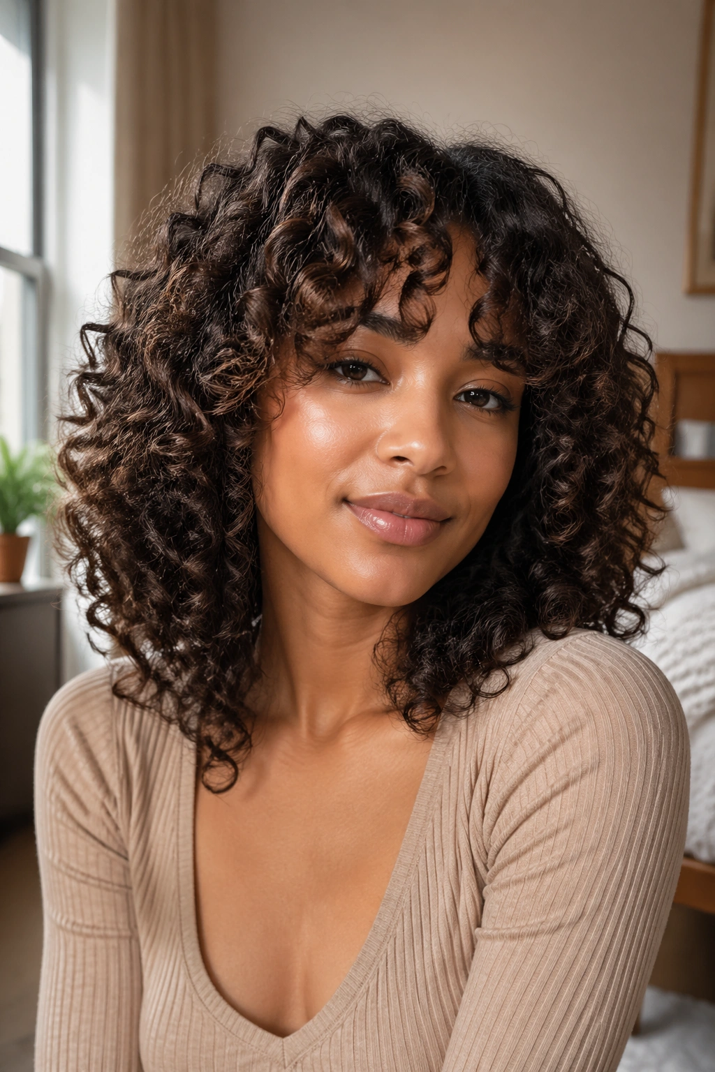 Close-up of a real woman with medium natural curly hair and feathered curtain bangs by a sunlit window
