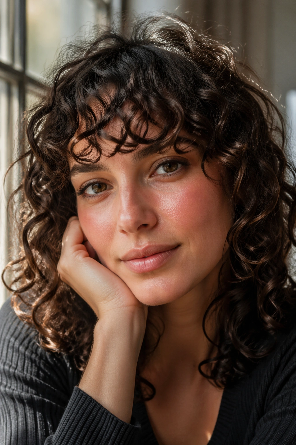 Portrait of a woman with soft-curled bangs resting on her forehead.