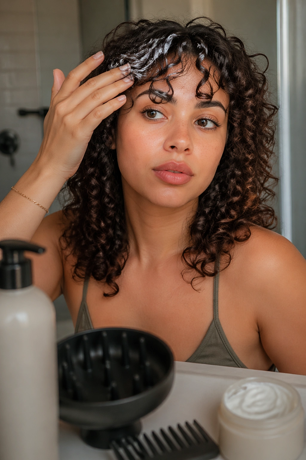 Real woman with curly bangs applying curl cream to damp bangs