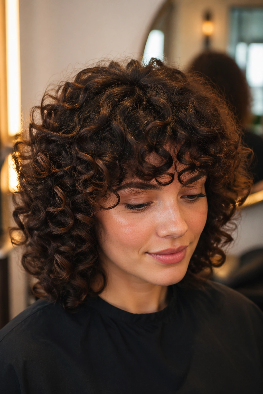 Close-up of curly bangs with a rounded fringe in a salon setting.
