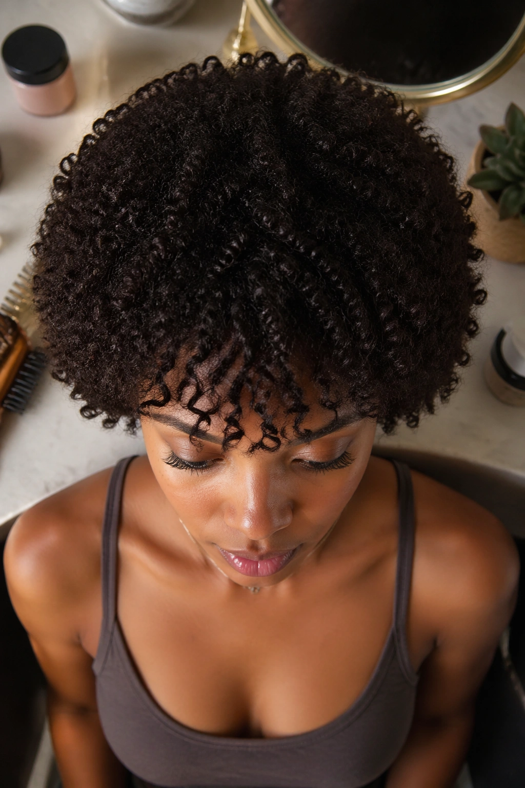Overhead view of curly bangs and rounded rounded shape.
