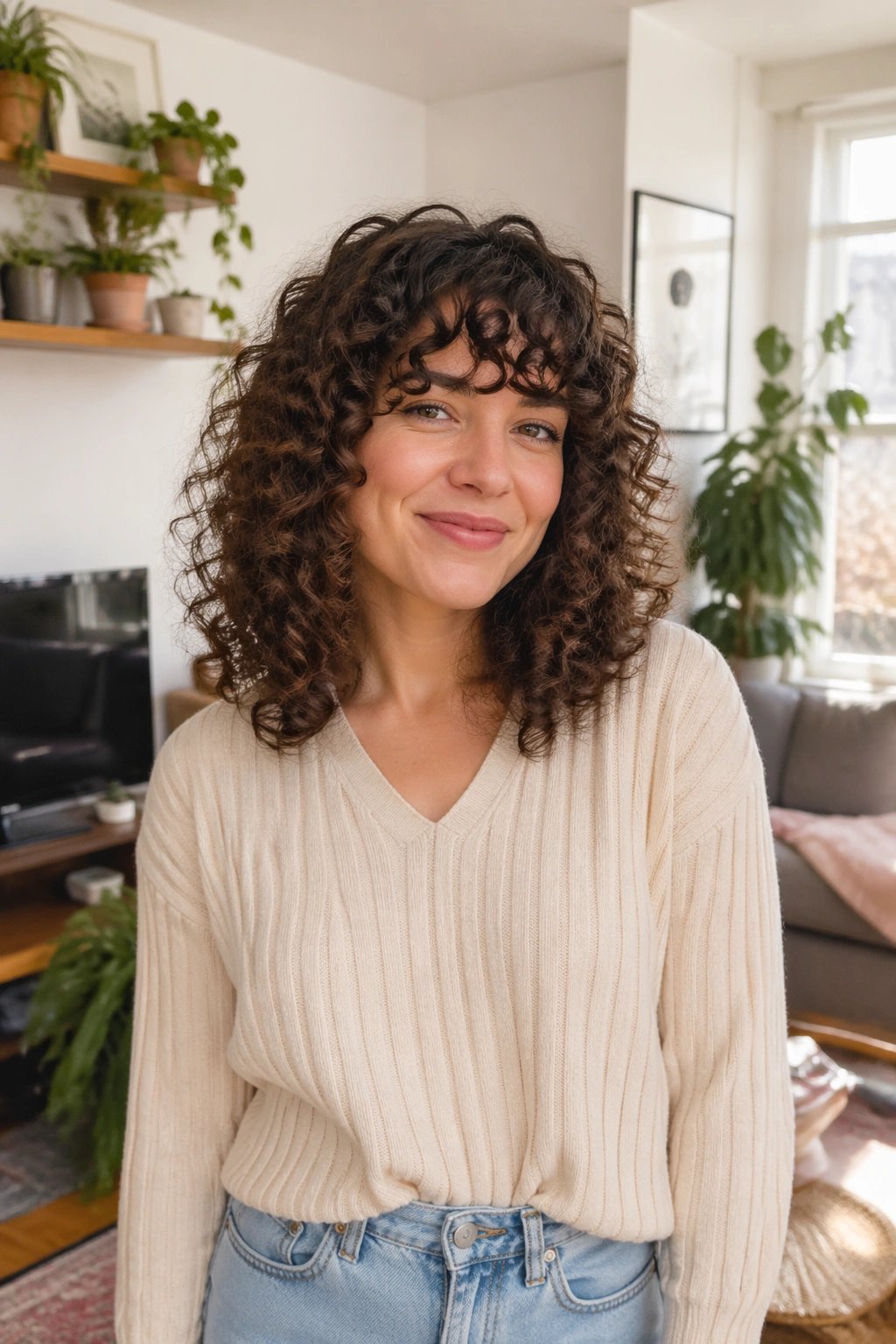 Wide shot of curly bangs framing a rounded face in a sunlit room.