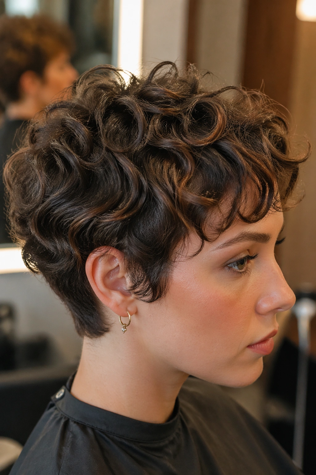 Close-up of curly bixie hairstyle in a salon setting with soft lighting.