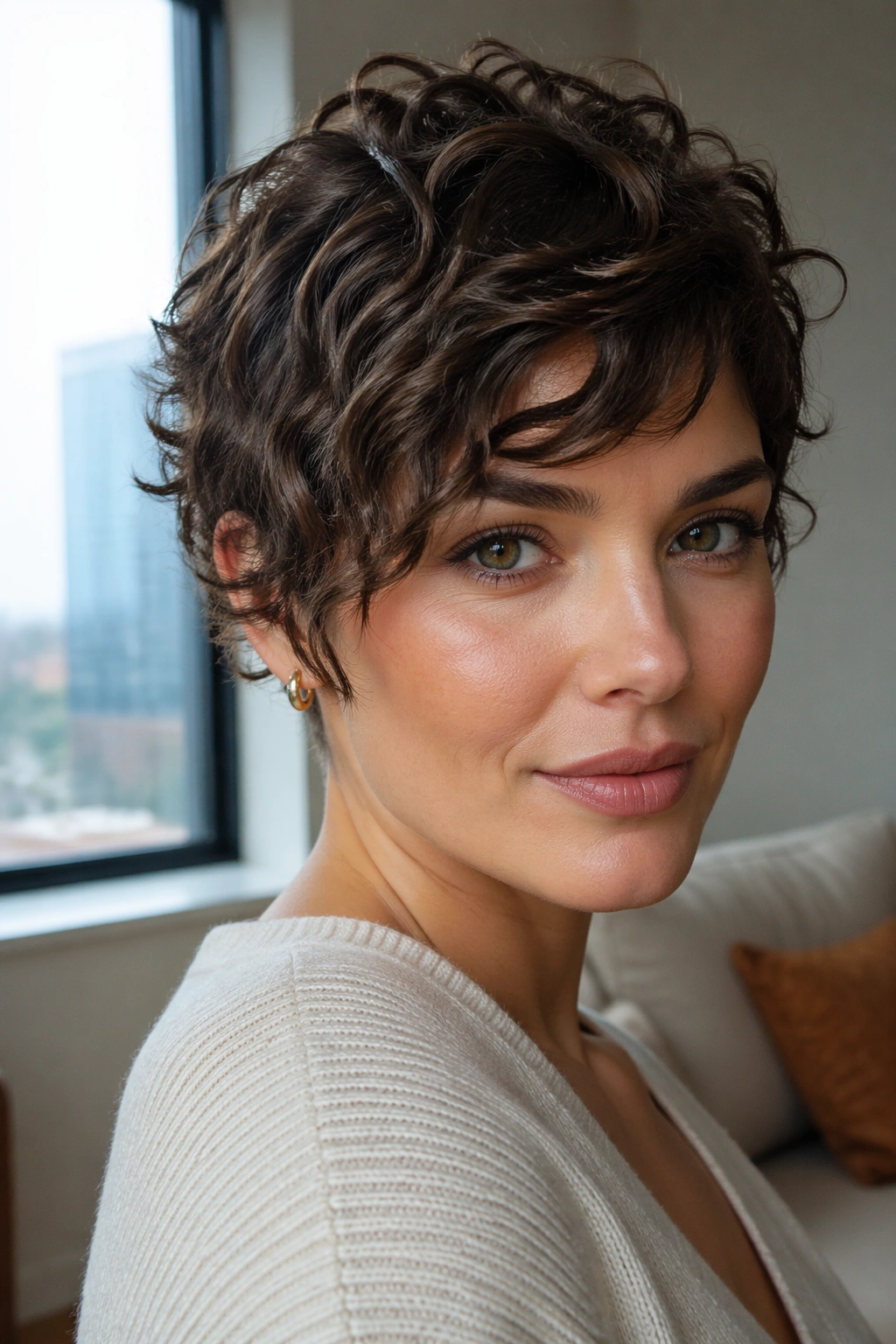 Close-up of a real person with a curly bixie cut and diagonal front curls.