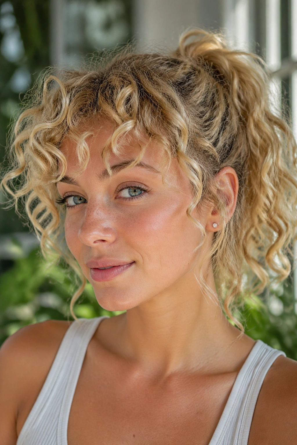 Close-up of a real woman with curly blonde ponytail and curly bangs in daylight
