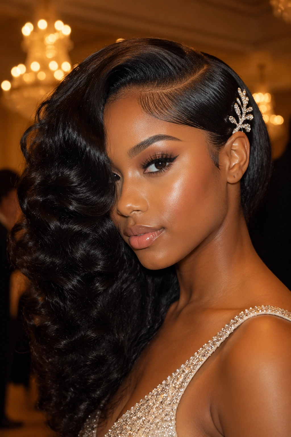 Real woman with a voluminous curly blowout and deep side part
