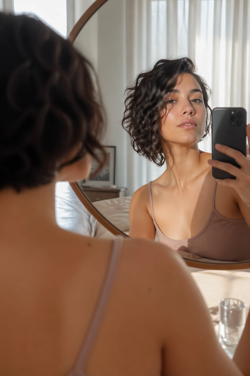 Asymmetrical curly bob in sunlit bedroom mirror