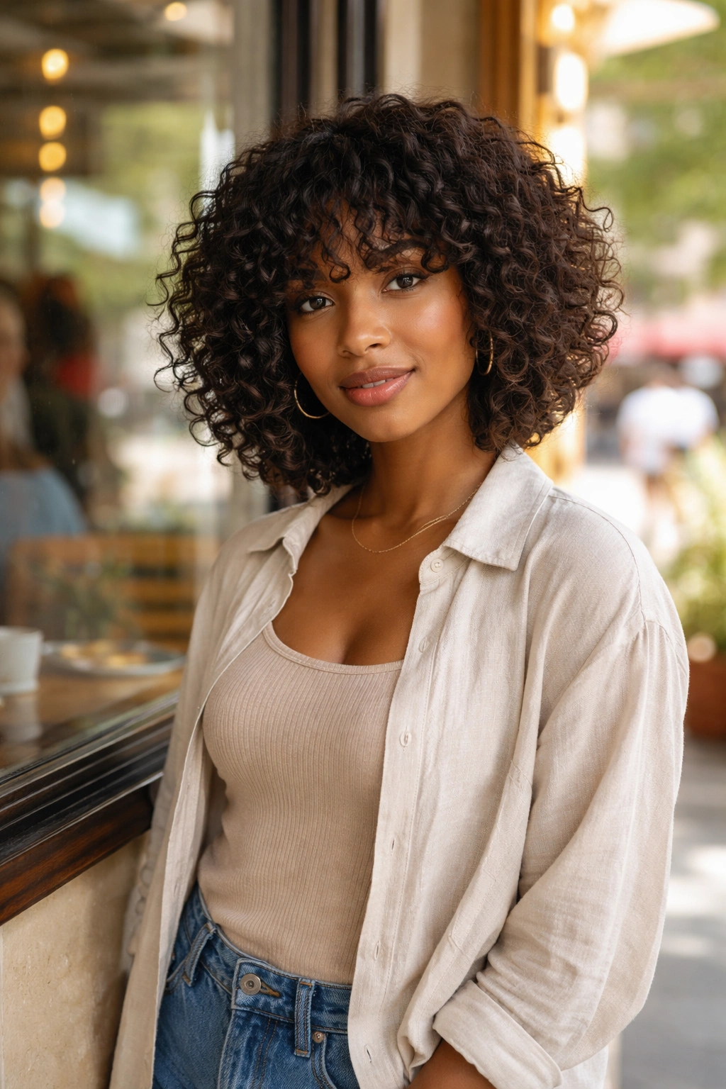 Wide shot of curly bob with bangs in a sunlit cafe window.