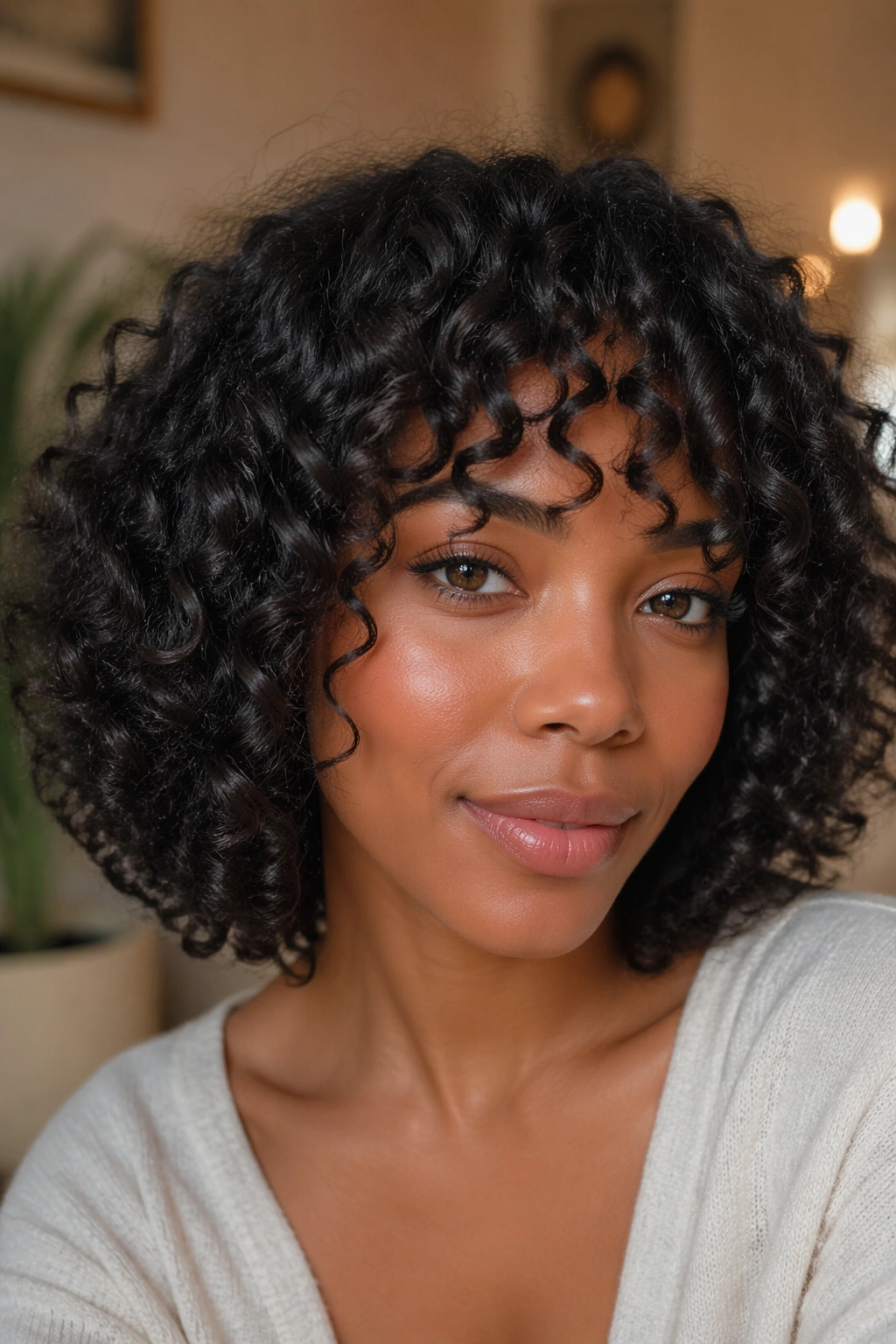 Close-up portrait of a real Black woman with curly bob and bangs hairstyle