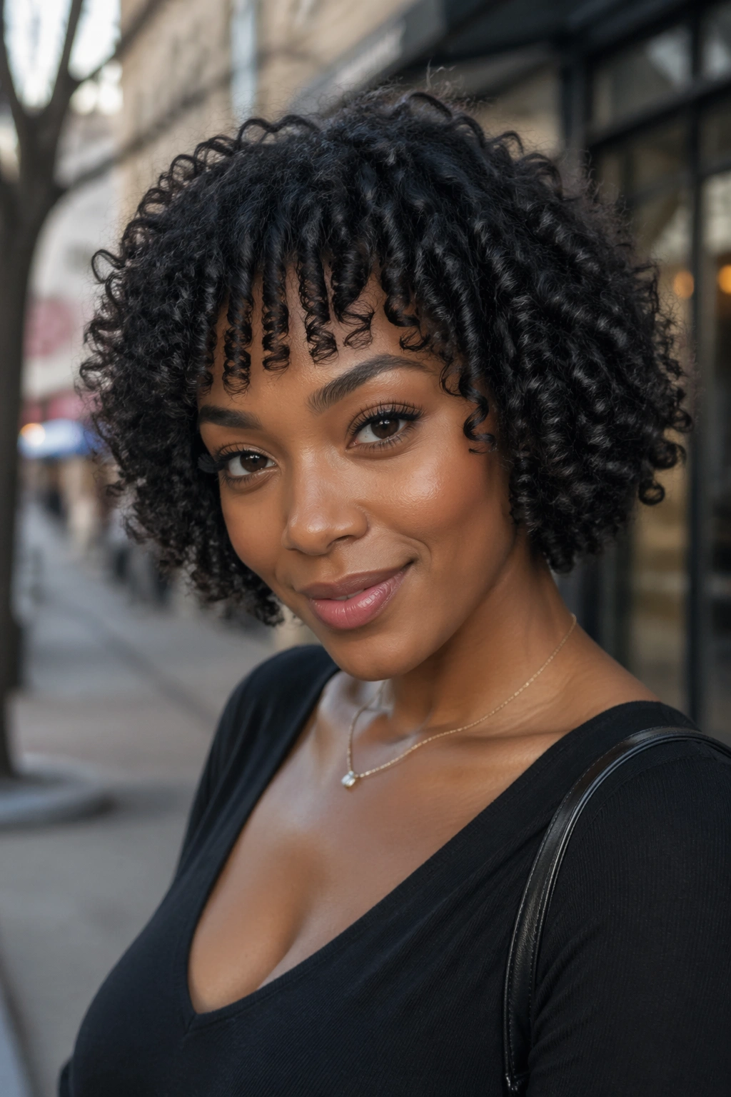 Close-up of a Black woman with curly bob and bangs in an urban daylight setting