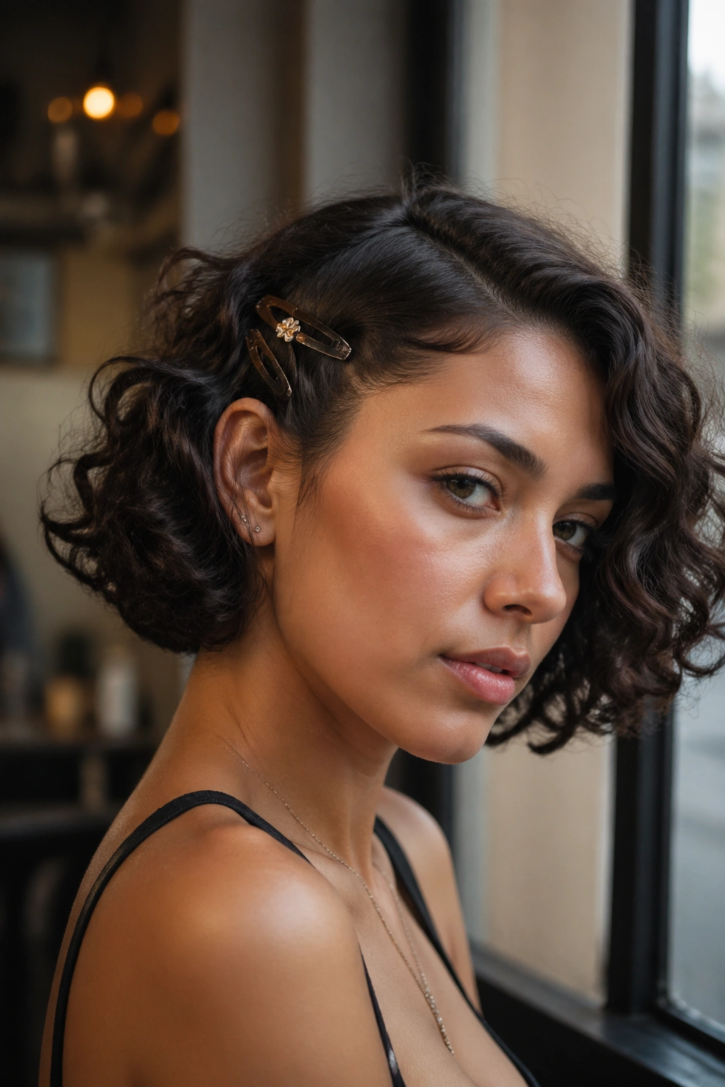 Close-up portrait of a real woman with a curly bob wearing two small side-swept barrettes behind the ear.