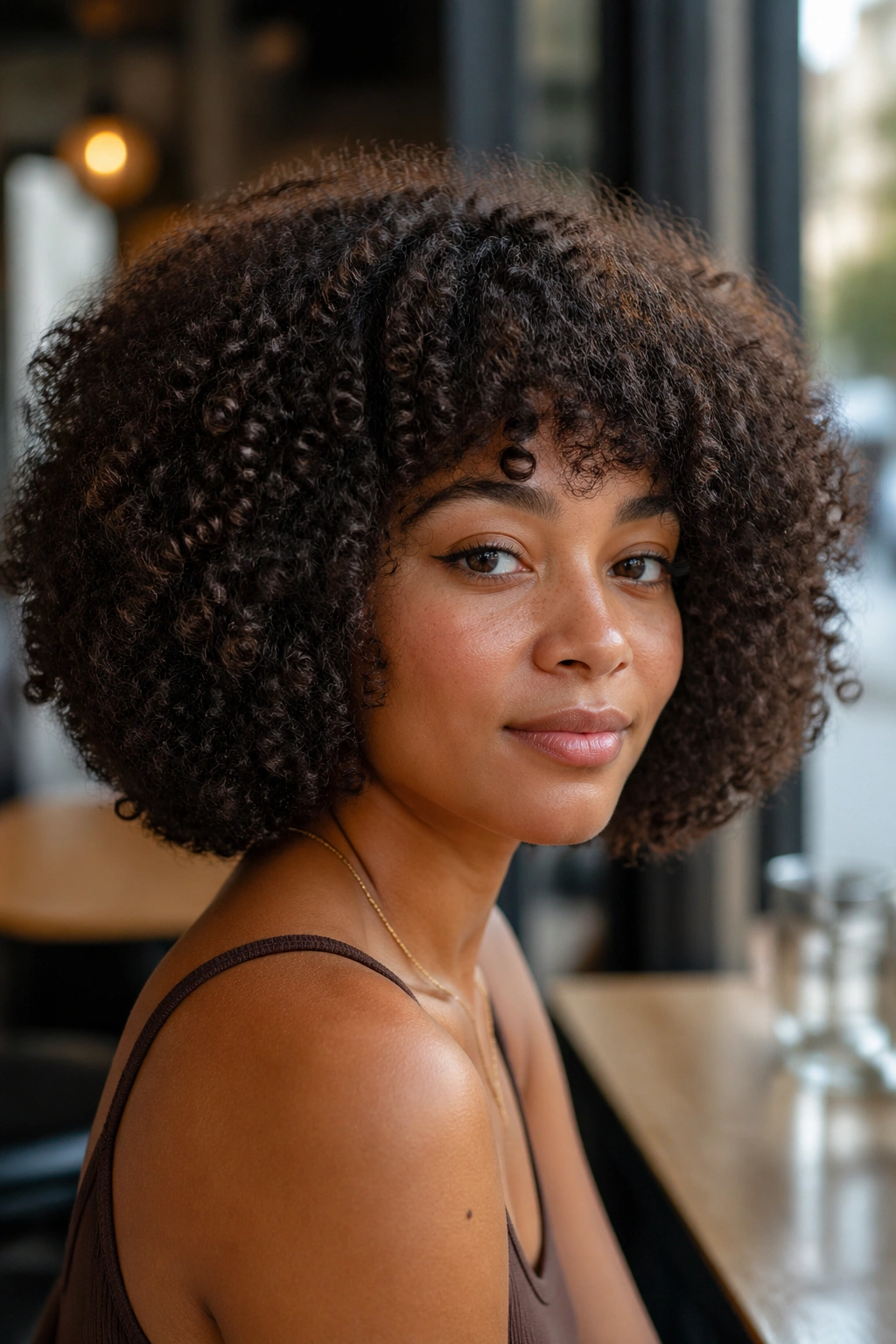 Medium close-up of a real woman with a brushed-out curly bob at chin length