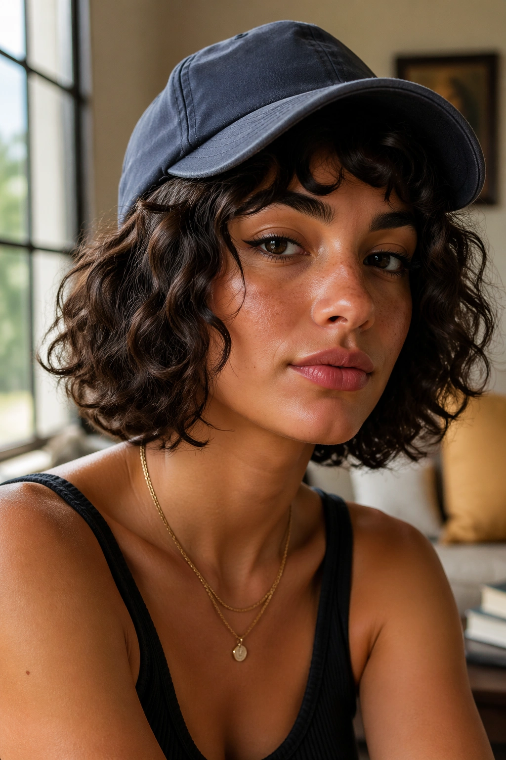 Curly bob under a cap with cap pushed up to reveal the front curls