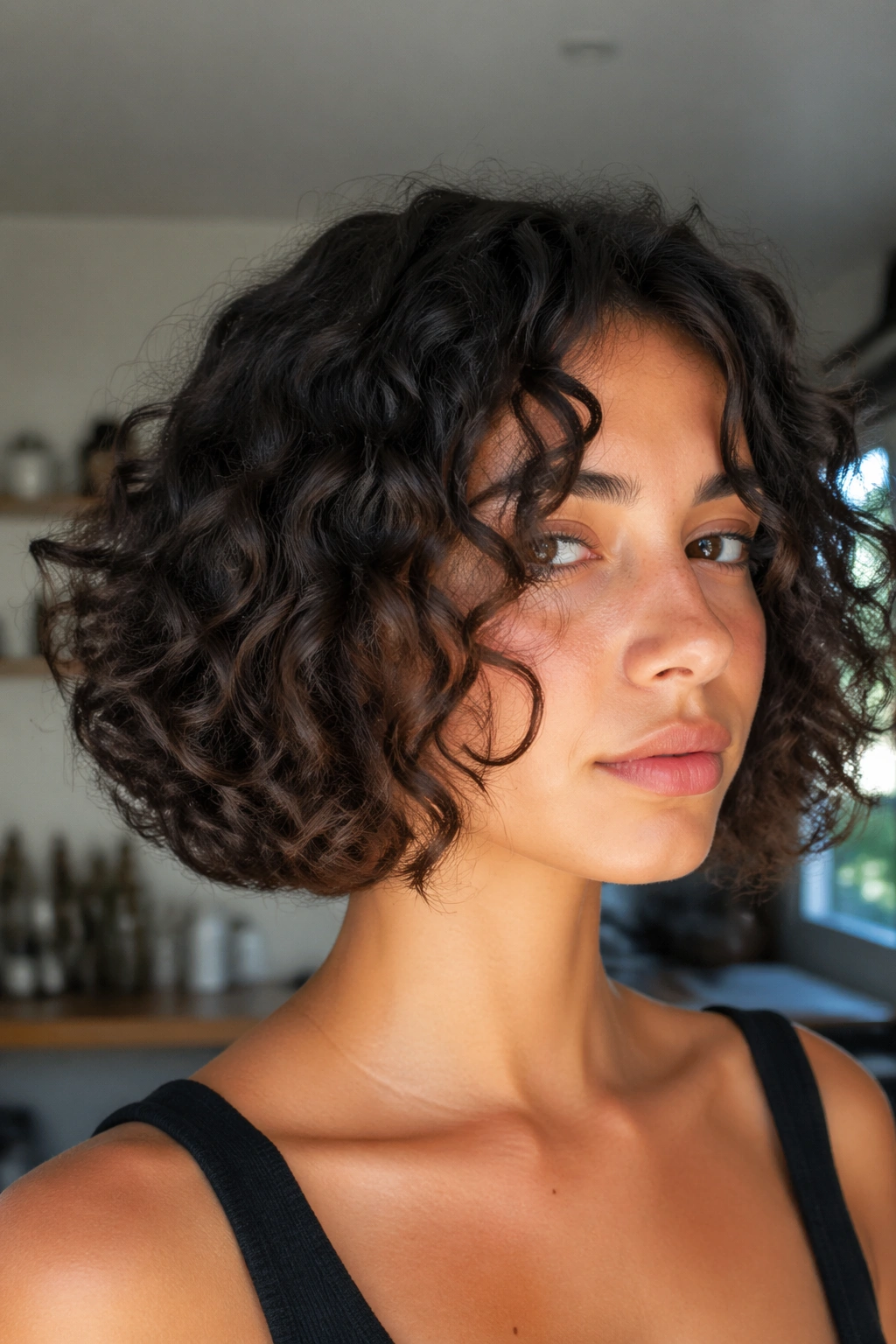 Chin-length curly bob with front pieces framing the jawline