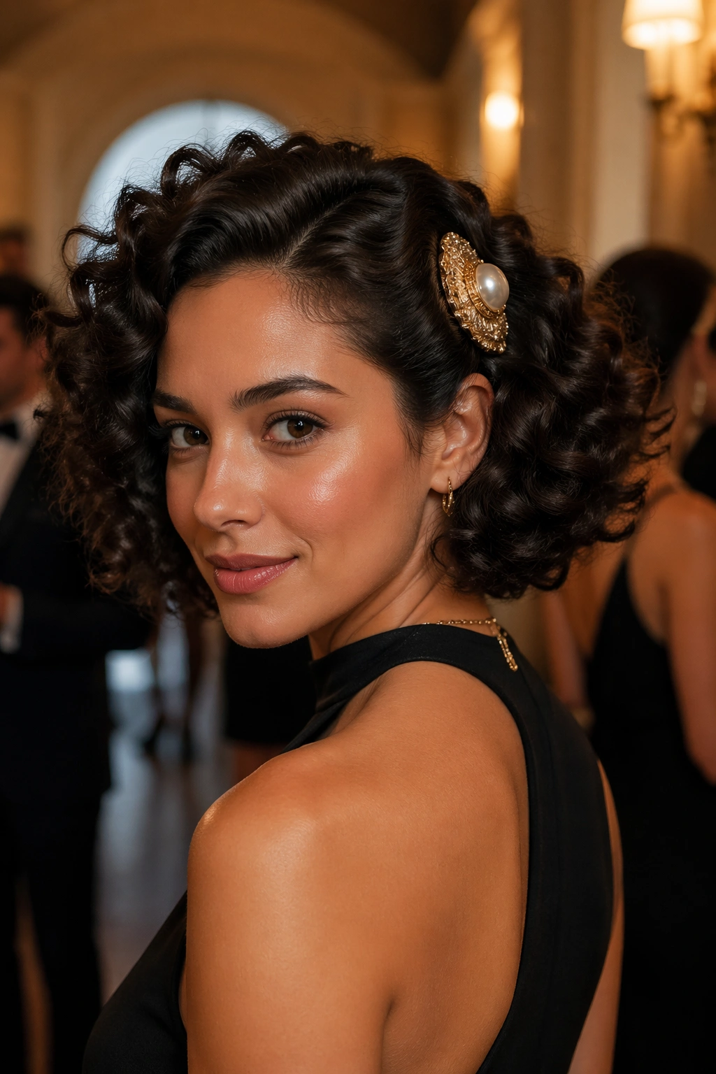 Portrait of a real woman with voluminous curly bob and a statement clip.