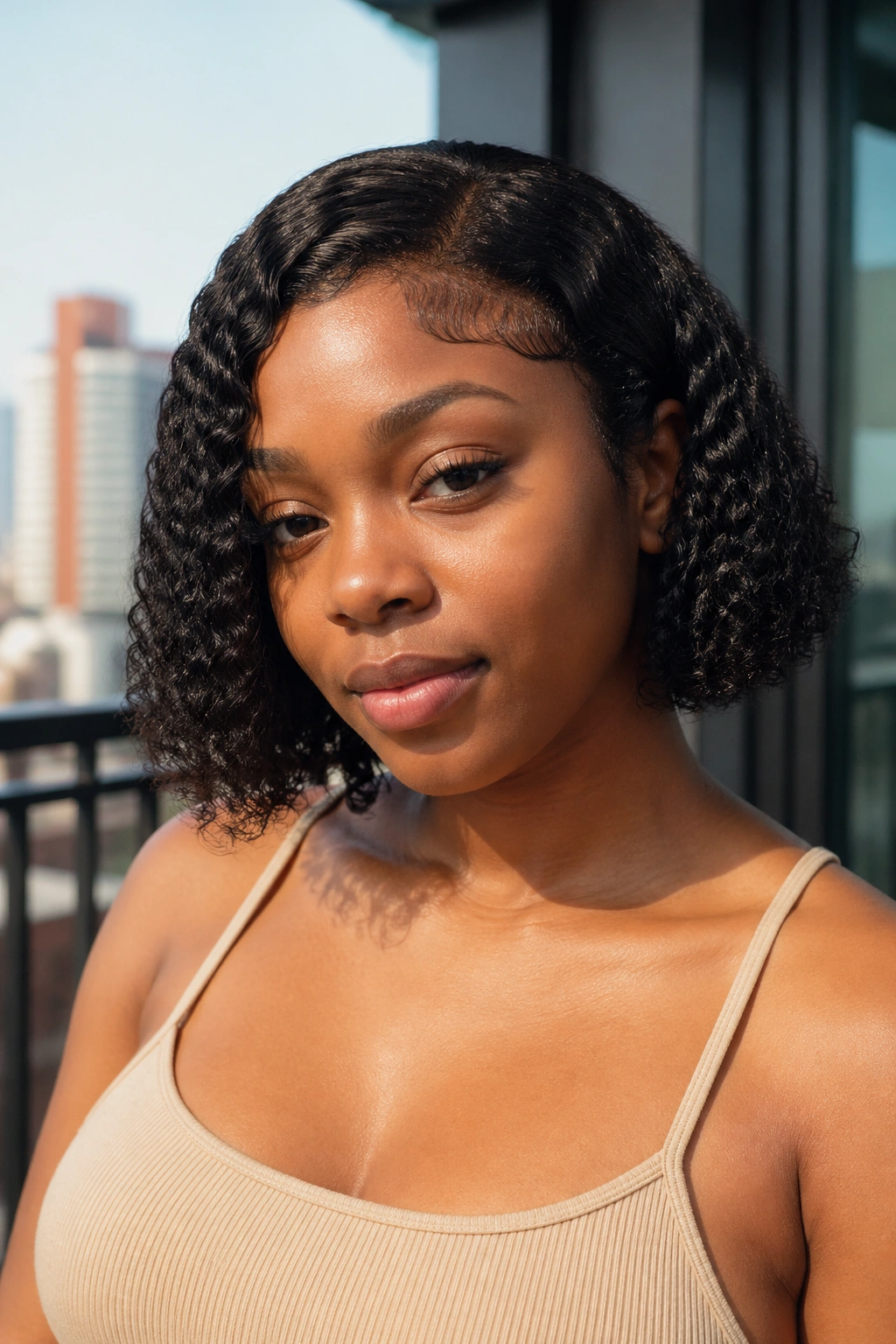 Close-up of a real Black woman with blunt curly bob and closure on a softly lit balcony