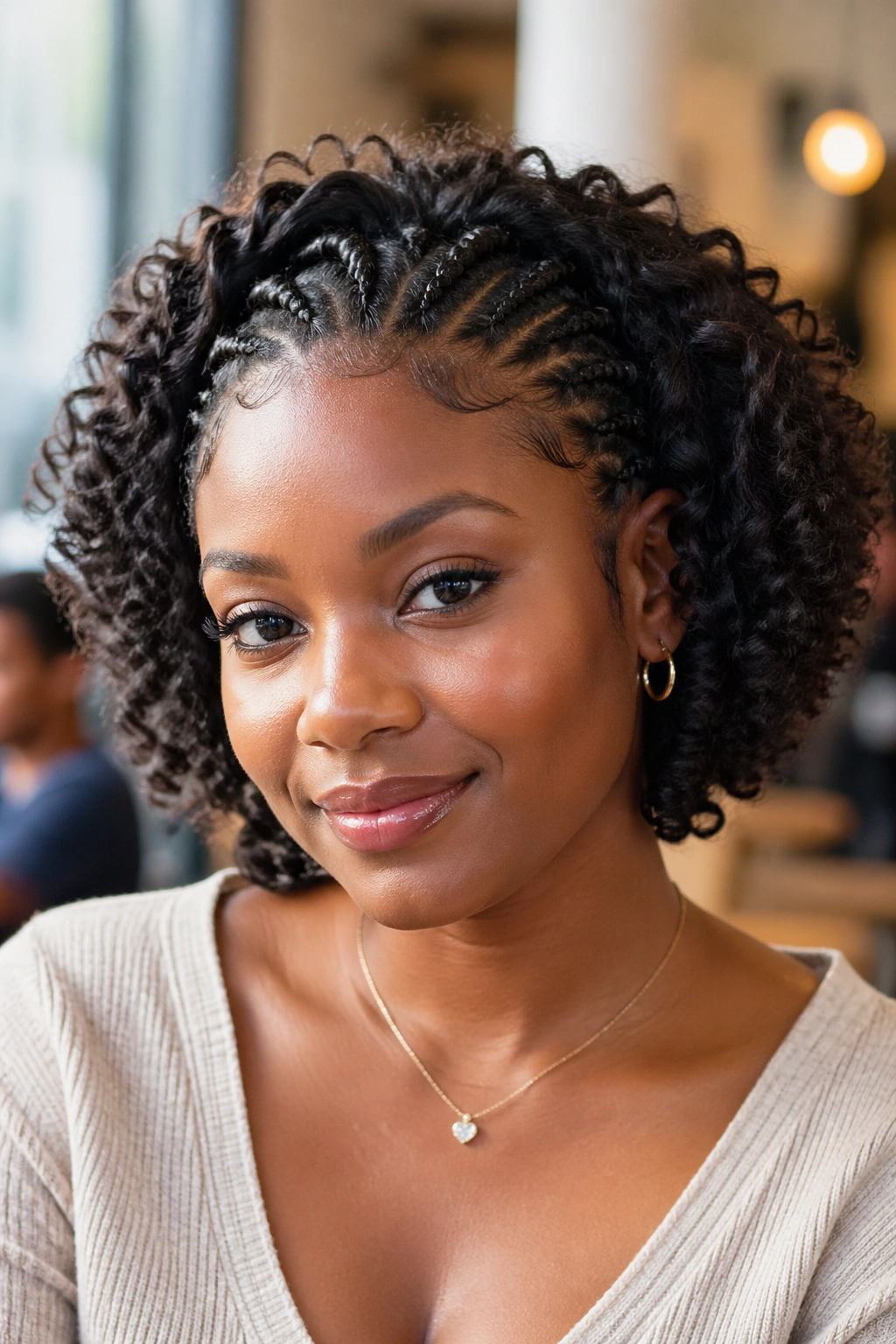 Close-up portrait of a real person wearing curly bob crochet hairstyle.