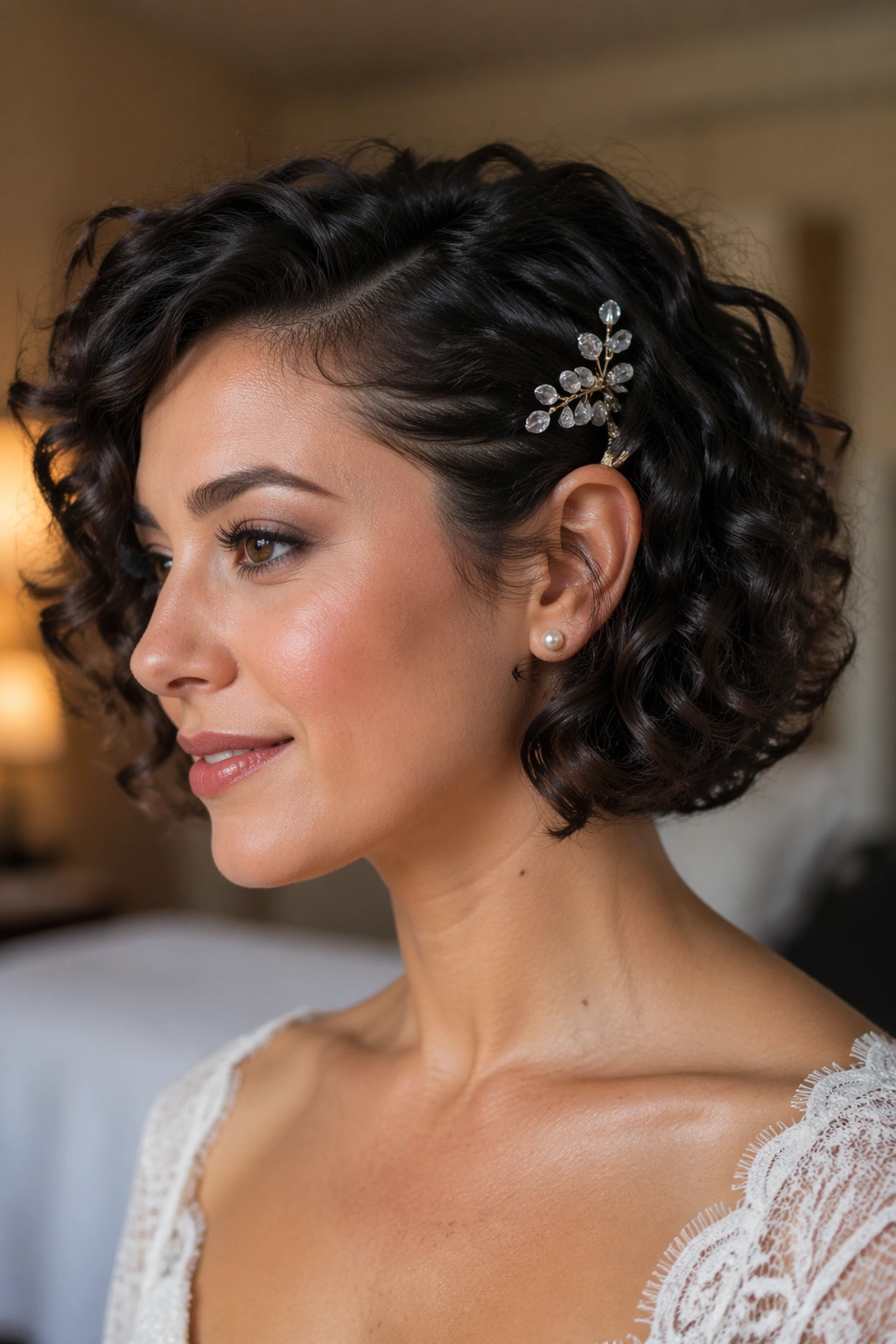 Close-up of a curly bob with crystal pins at the temple