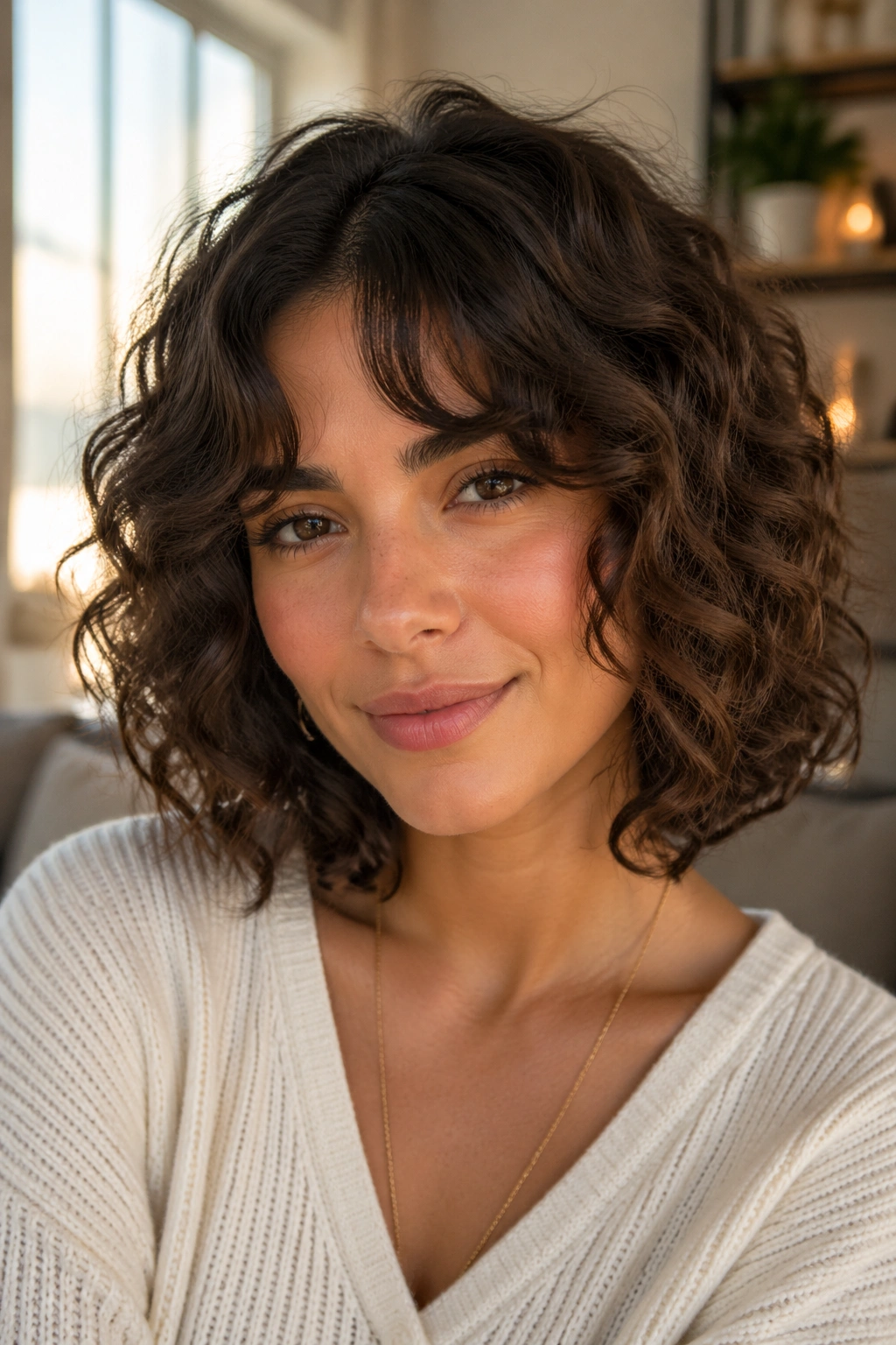 Close-up of a real woman with a medium curly bob and curtain bangs framing her cheeks.