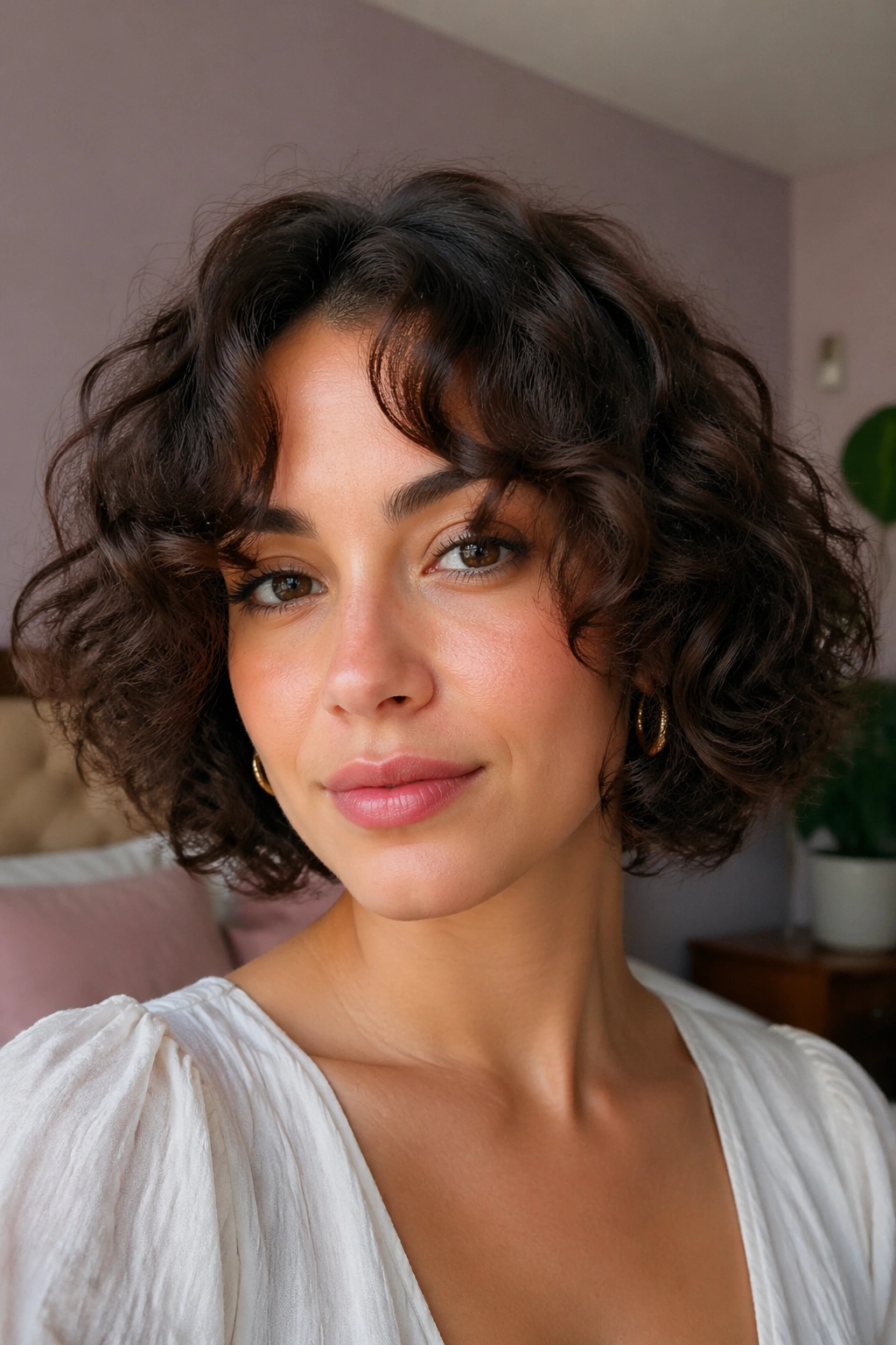 Close-up of real person with curly bob and curtain bangs