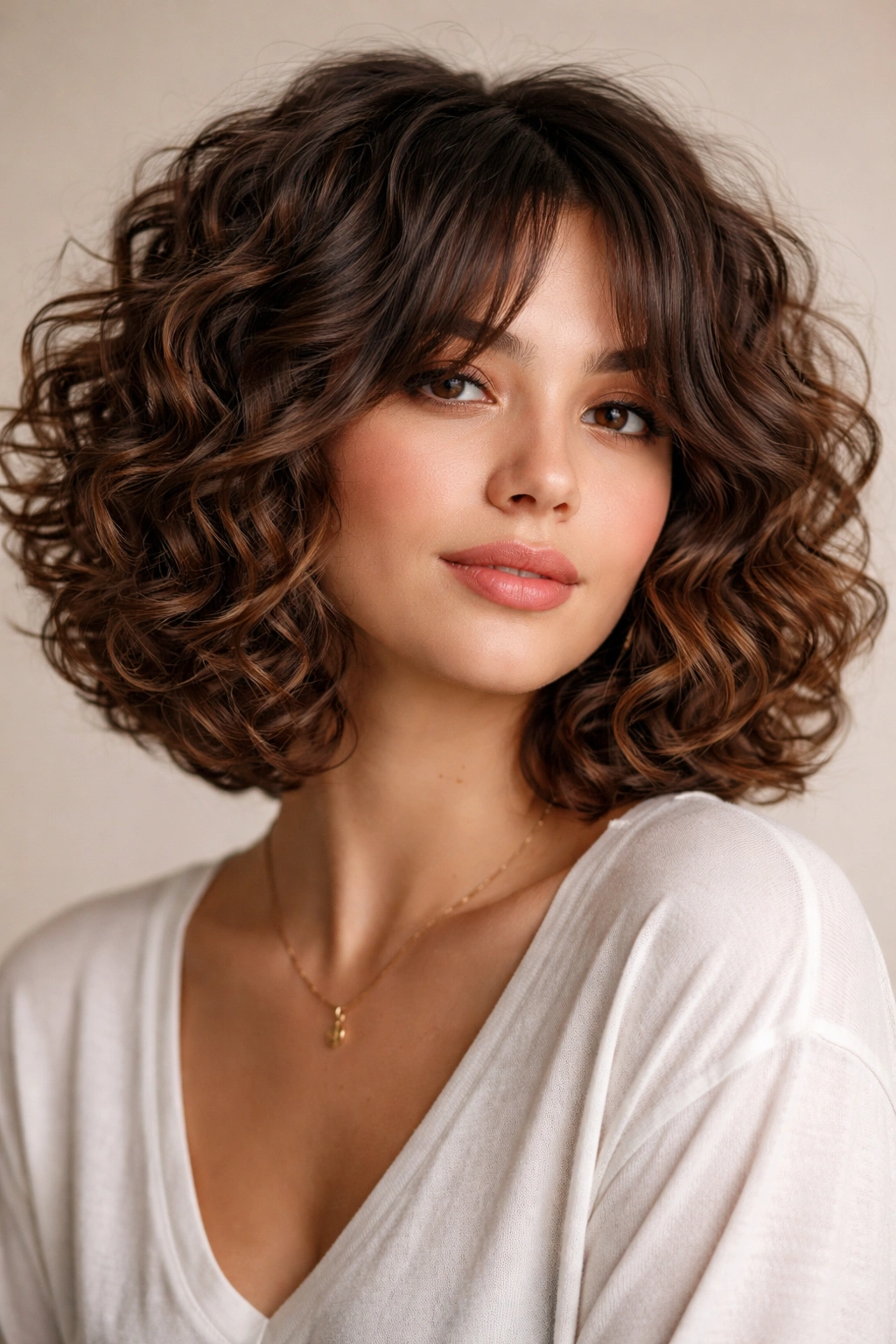 Close-up of a thick-curly bob with curtain bangs, soft front layers