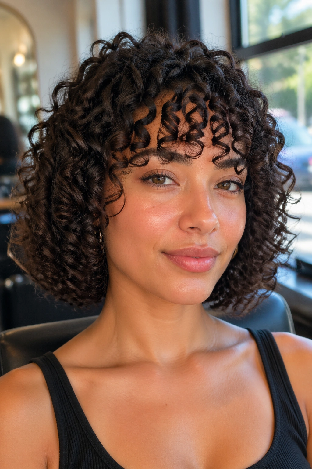 Woman with curly bob and defined curl bang in a modern studio chair.