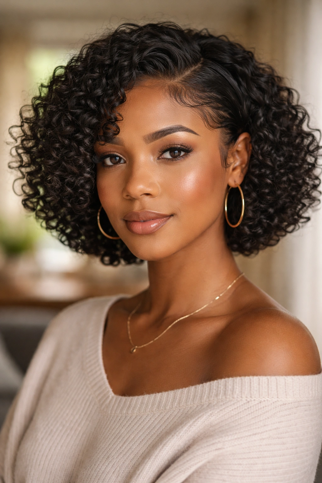 Close-up of a real woman with a curly bob and edge waves along the hairline