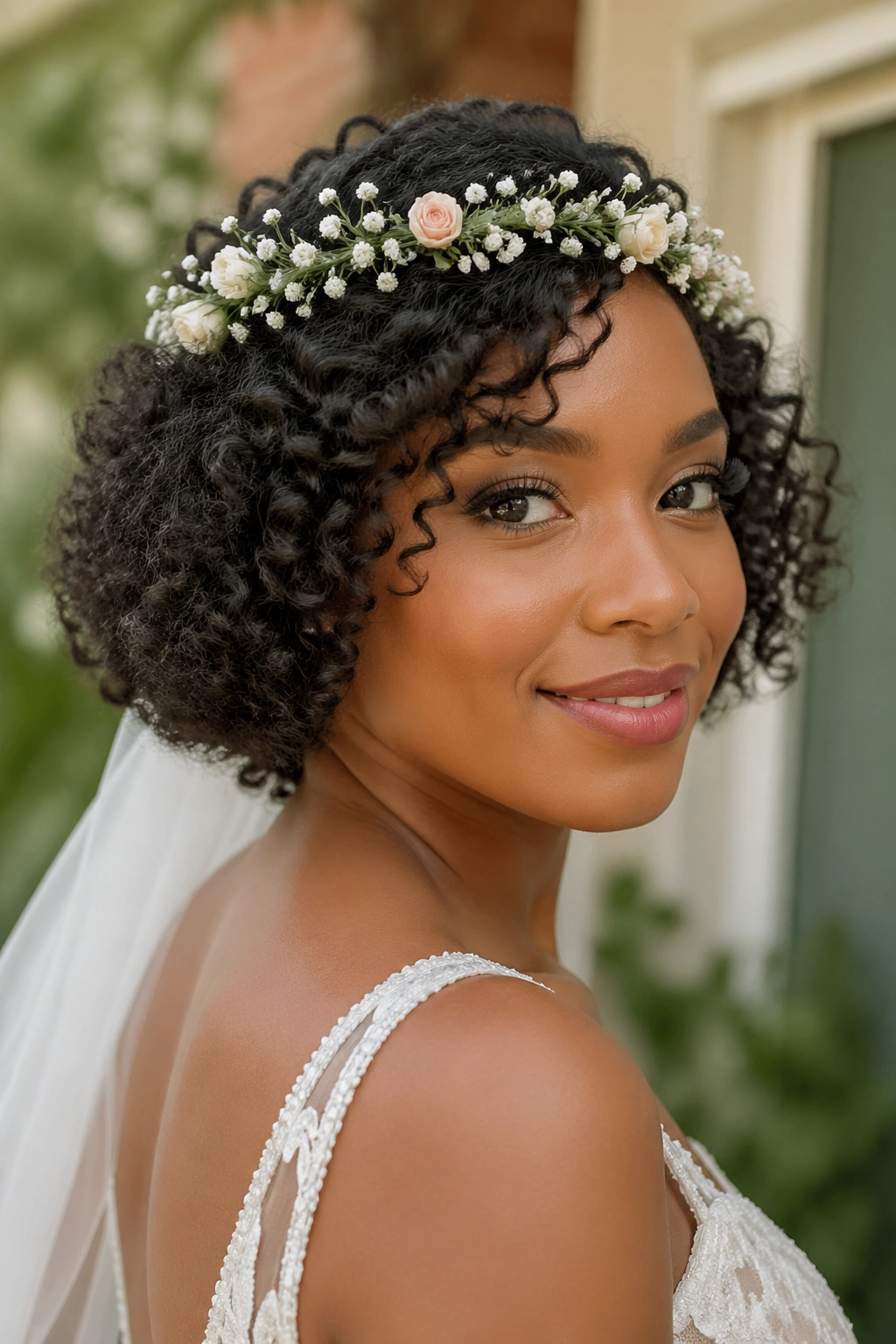 Close-up of a curly bob with a floral crown on a real bride.