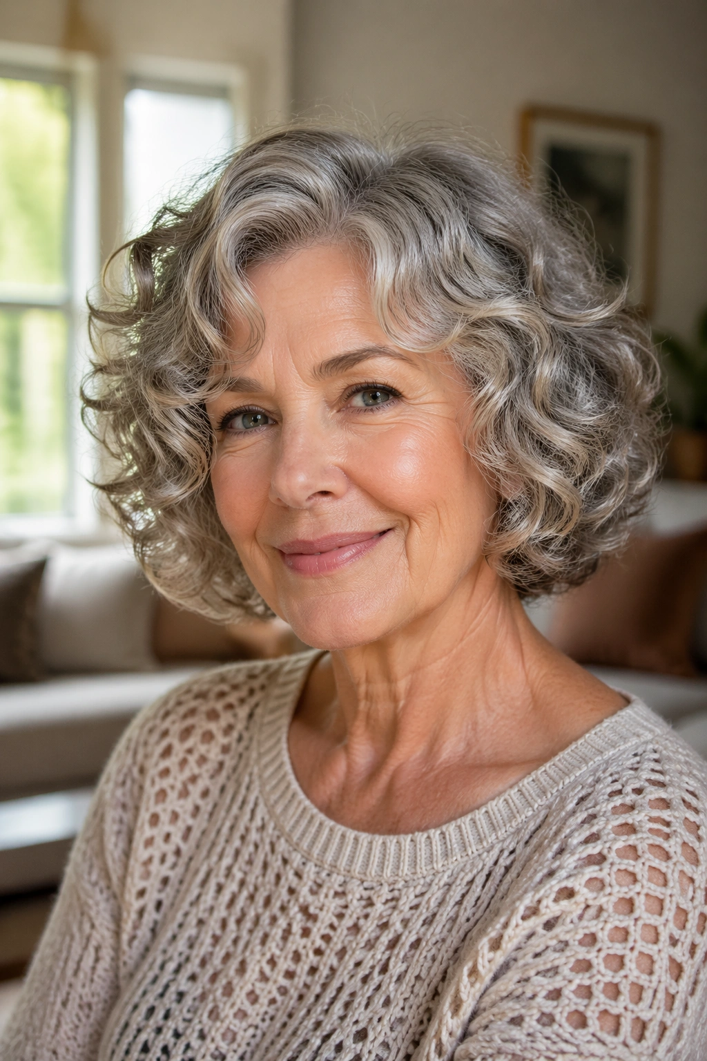 Close-up of a woman with a soft layered curly bob framed at the jaw in warm window light