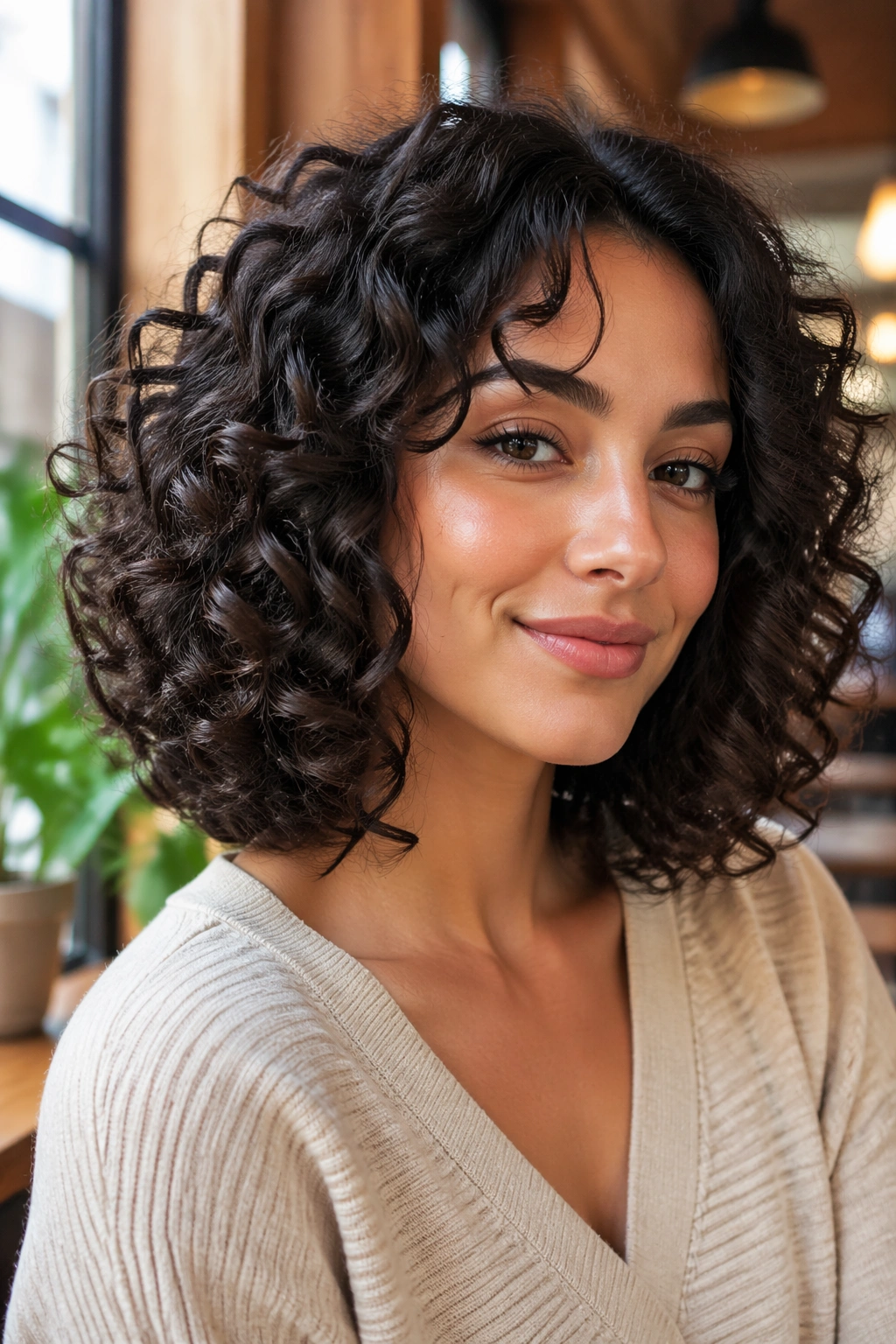 Close-up of real woman with shoulder-length curly bob and invisible layers